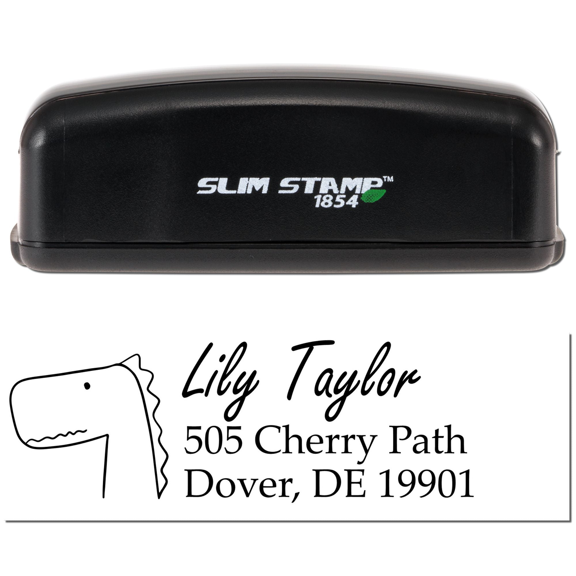 Custom dinosaur return address rubber stamp with self-inking Slim Stamp 1854 case, Lily Taylor, 505 Cherry Path, Dover, DE 19901