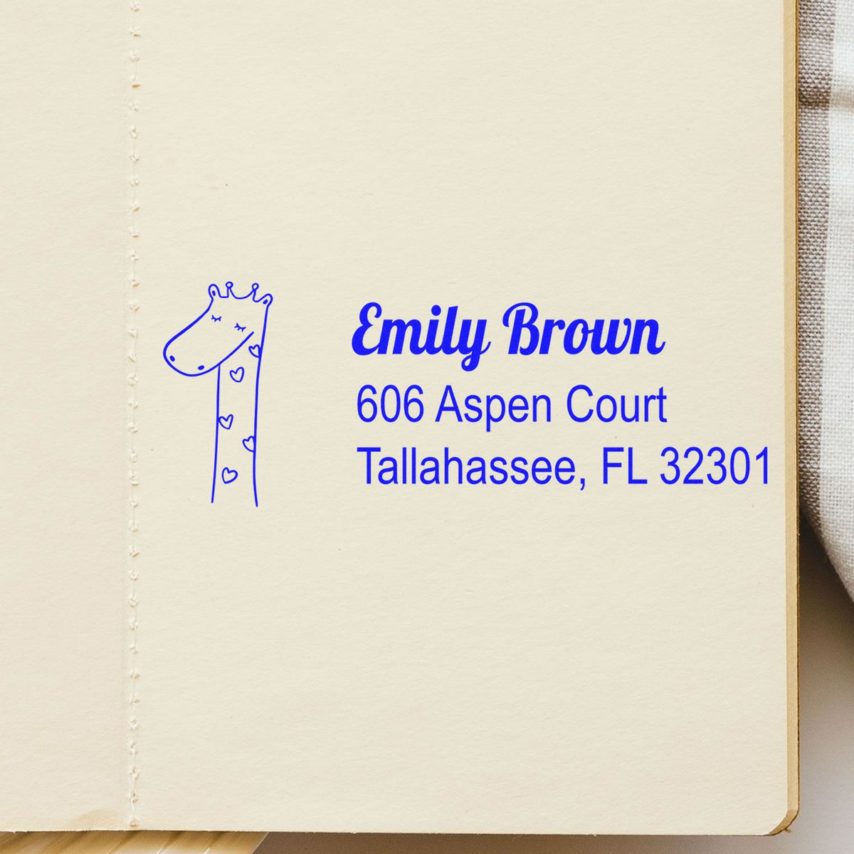 Personalized giraffe return address rubber stamp for Emily Brown, Tallahassee, FL mailing address