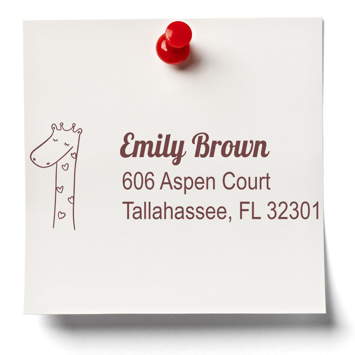 Custom address rubber stamp with giraffe design, showing Emily Brown name and Tallahassee mailing address.