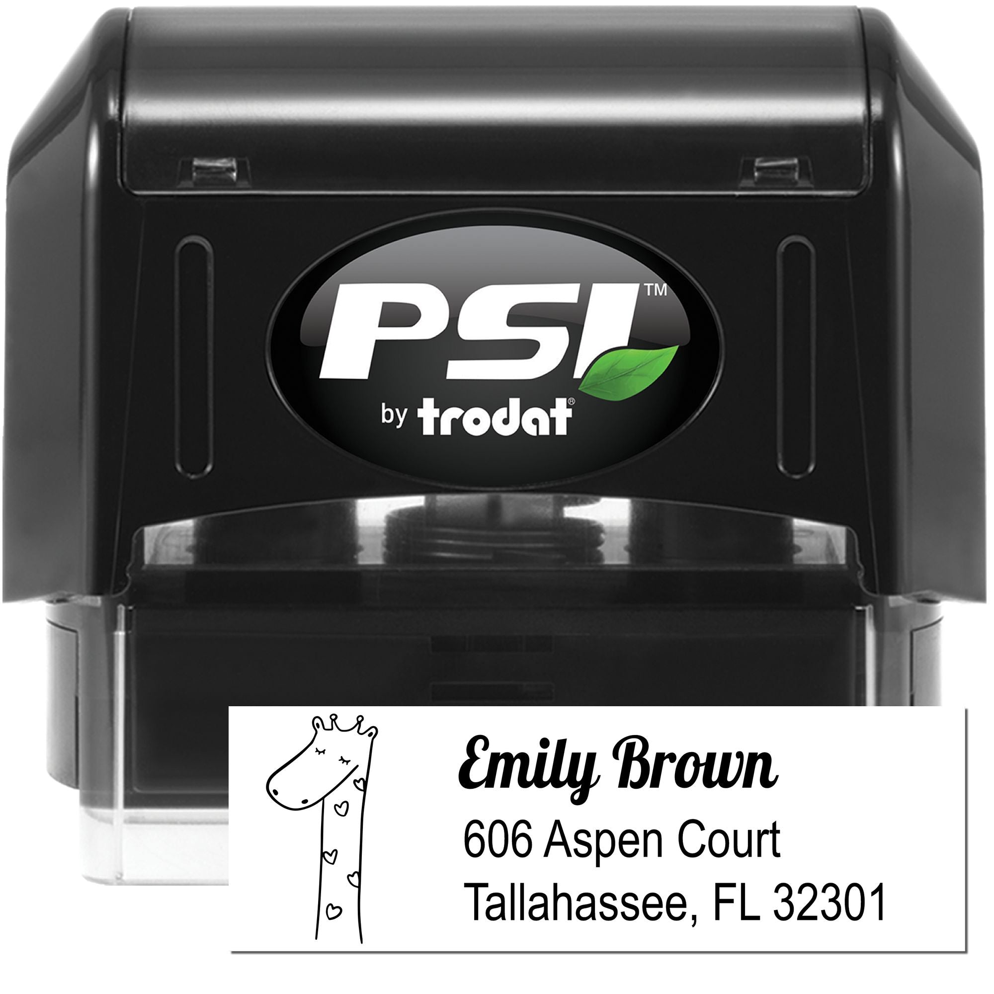 PSI by Trodat self-inking custom address rubber stamp with giraffe design and Emily Brown return address imprint.