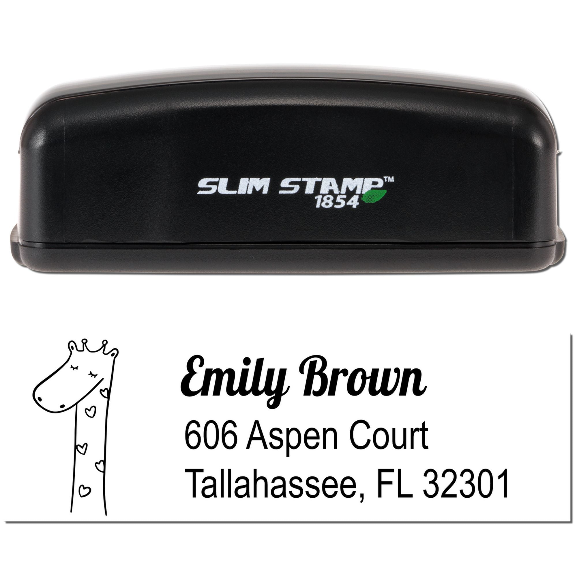 Slim Stamp 1854 custom self-inking address rubber stamp with giraffe design for Emily Brown, Tallahassee, FL 32301.