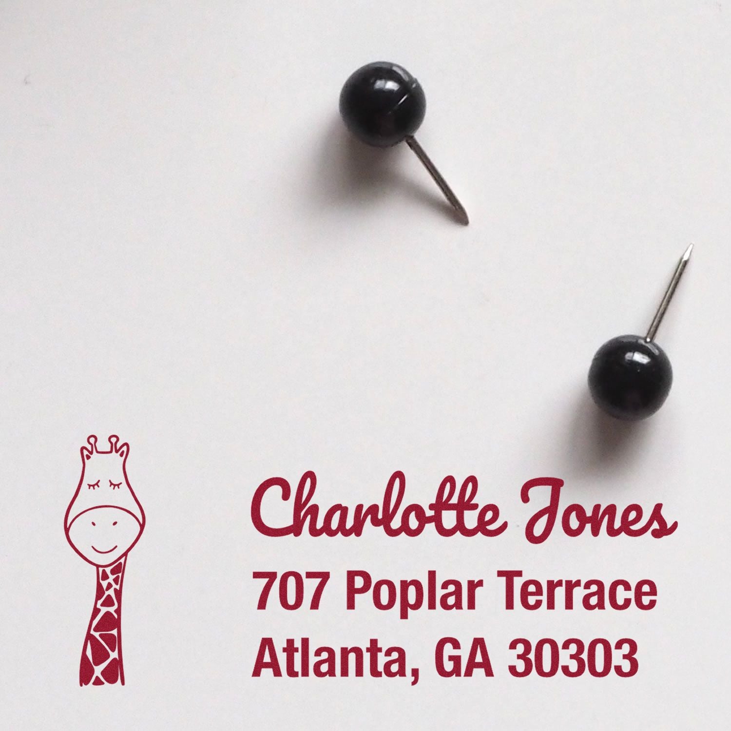 Custom rubber address stamp with giraffe design, Charlotte Jones, Atlanta GA 30303, shown with push pins on proof paper.