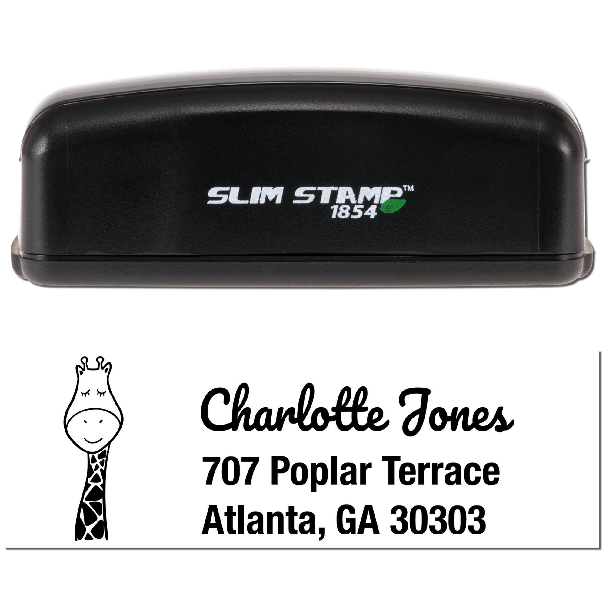 Custom self-inking return address rubber stamp with giraffe design for Charlotte Jones, Atlanta, GA.