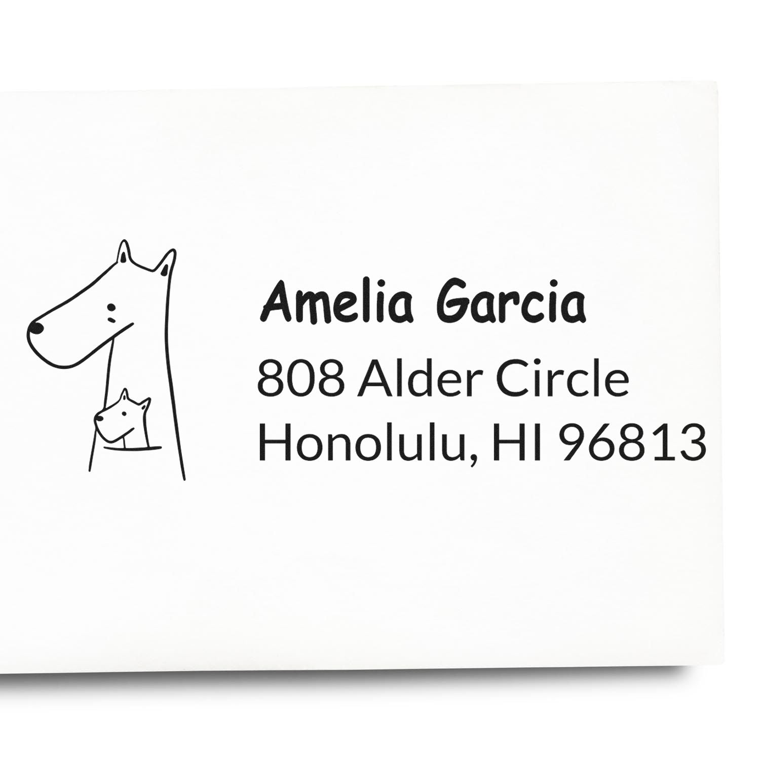 Custom dog address rubber stamp for Amelia Garcia, 808 Alder Circle, Honolulu, HI 96813.