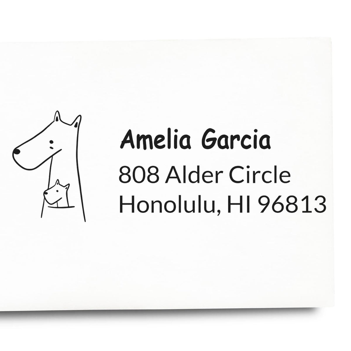 Custom dog-themed return address rubber stamp for Amelia Garcia, 808 Alder Circle, Honolulu, HI 96813