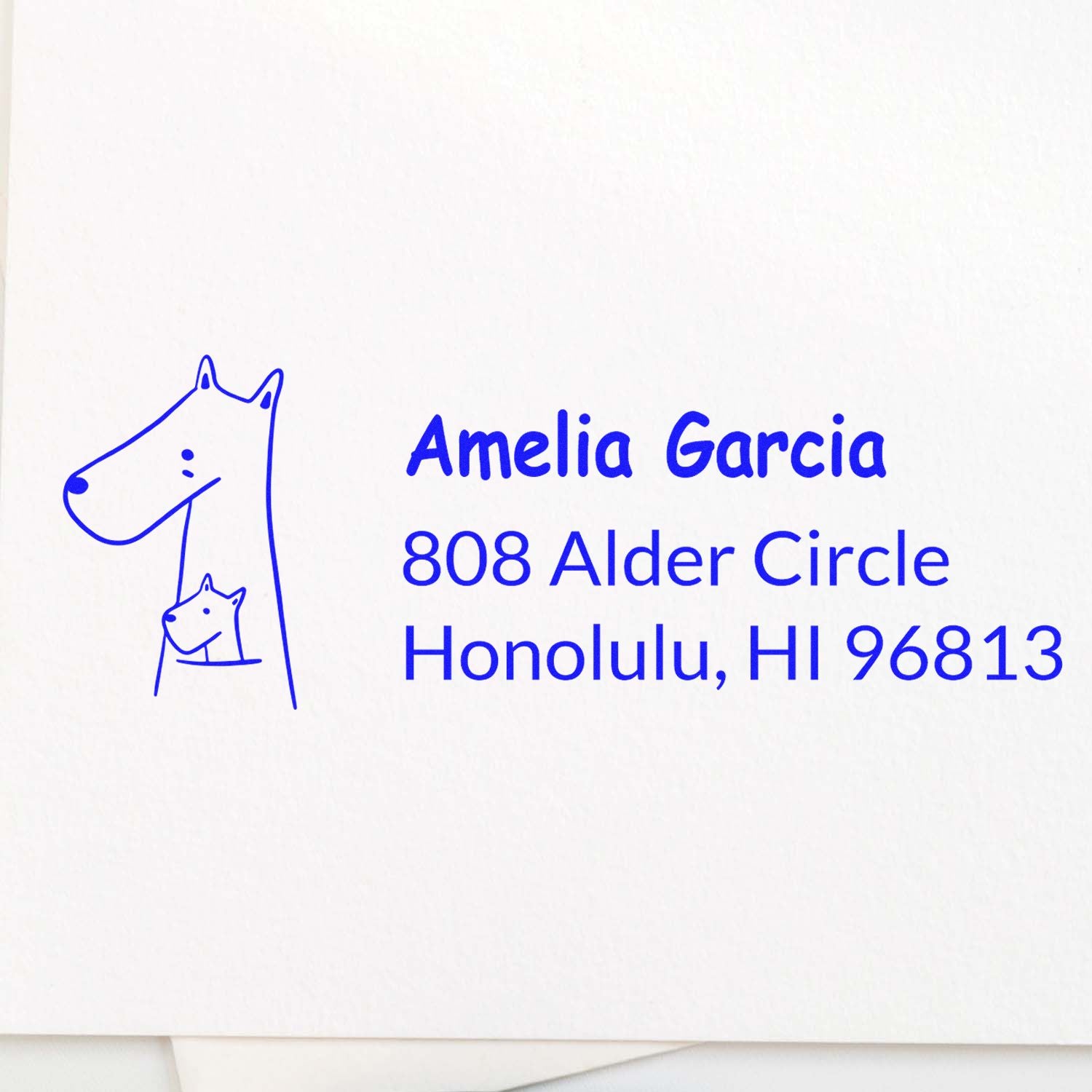 Personalized dog-themed return address rubber stamp for Amelia Garcia, Honolulu, HI 96813