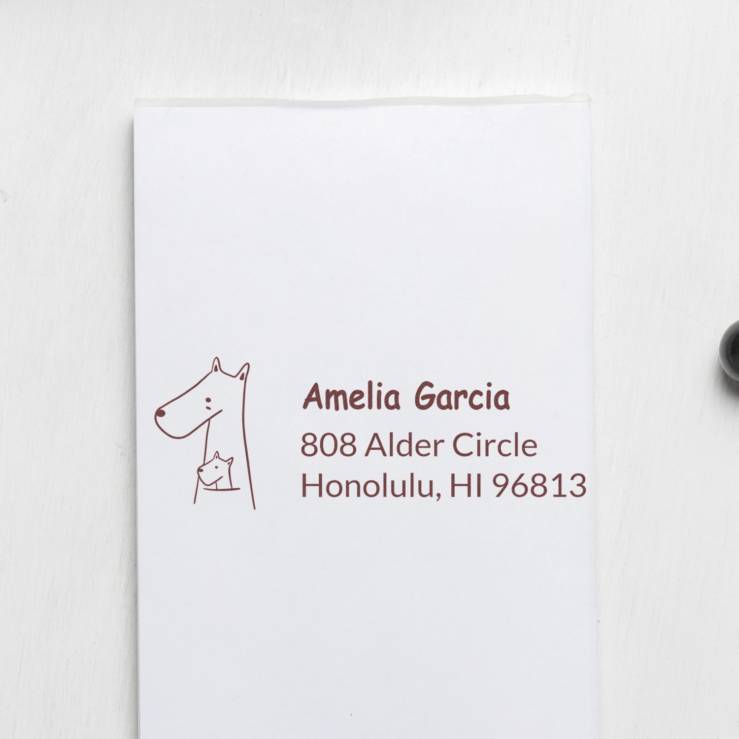 Custom dog return address rubber stamp with Amelia Garcia and Honolulu, HI address for personalized mailing envelopes.
