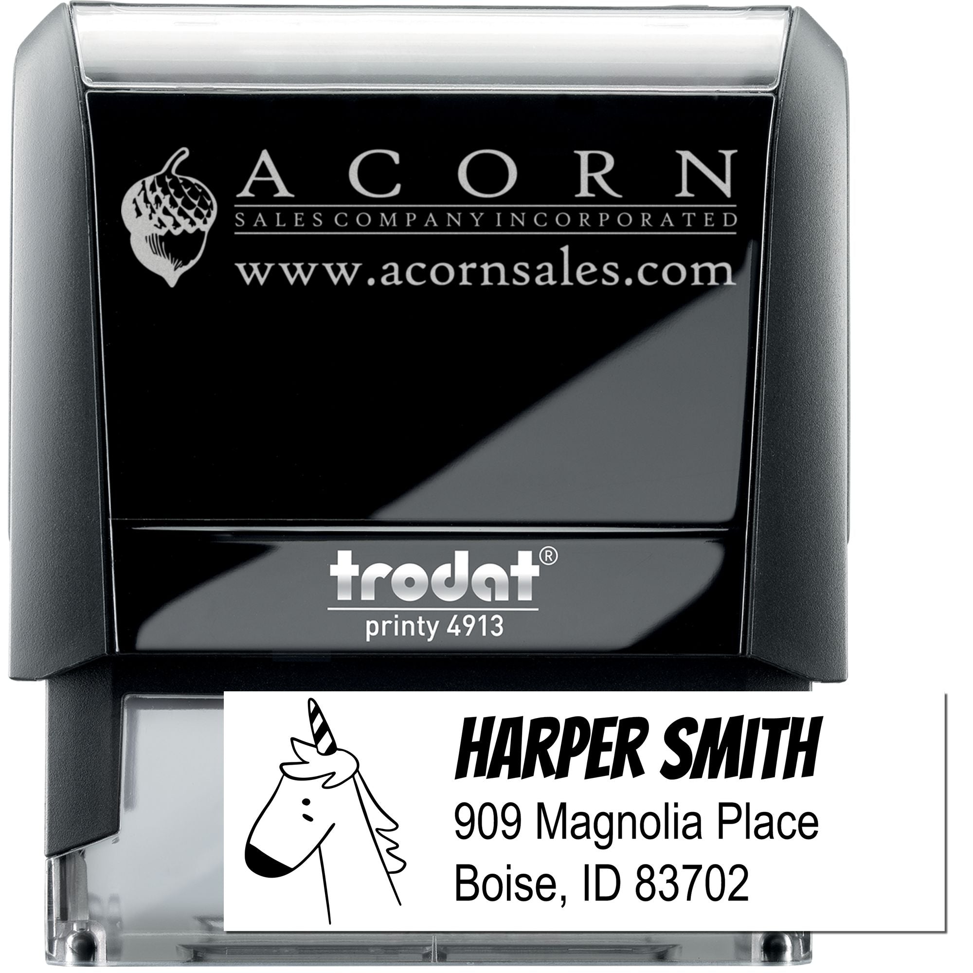 Trodat Printy 4913 custom self-inking rubber stamp with business logo and address imprint for branding envelopes.