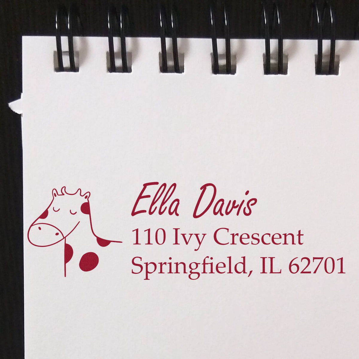 Custom return address rubber stamp with giraffe design for Ella Davis, Springfield, IL 62701.