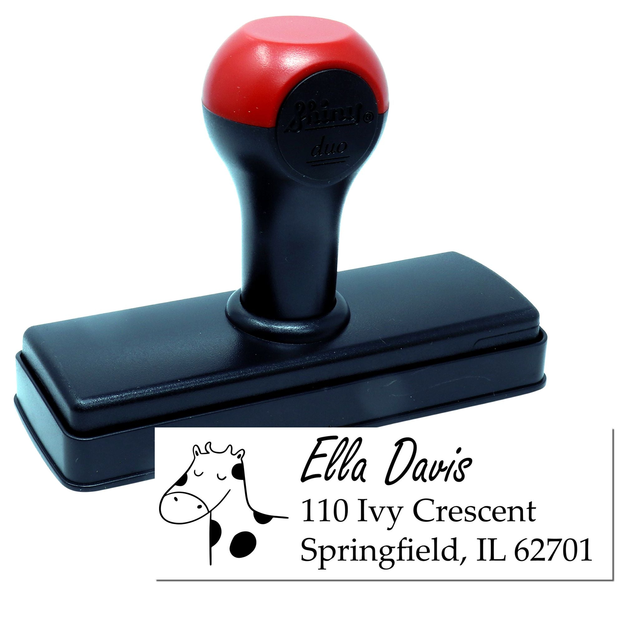 Custom self-inking rubber address stamp with cow design, personalized return address stamp for envelopes and mailings.