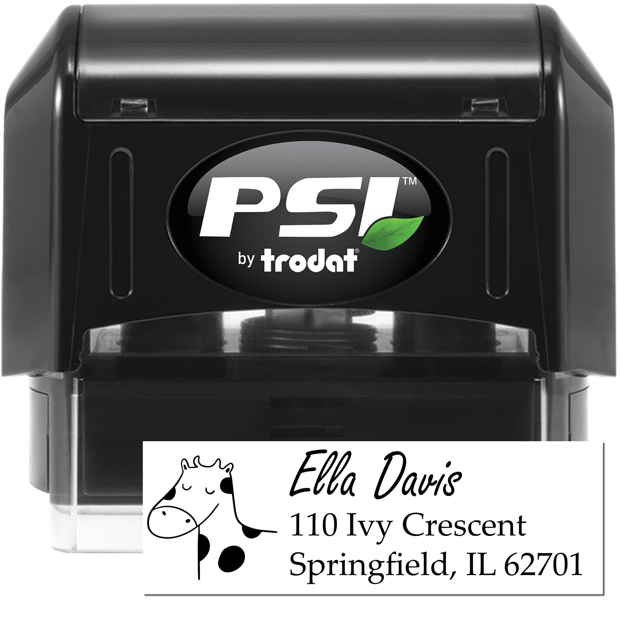 Custom self-inking rubber stamp by PSI Trodat for return address labels with cow logo