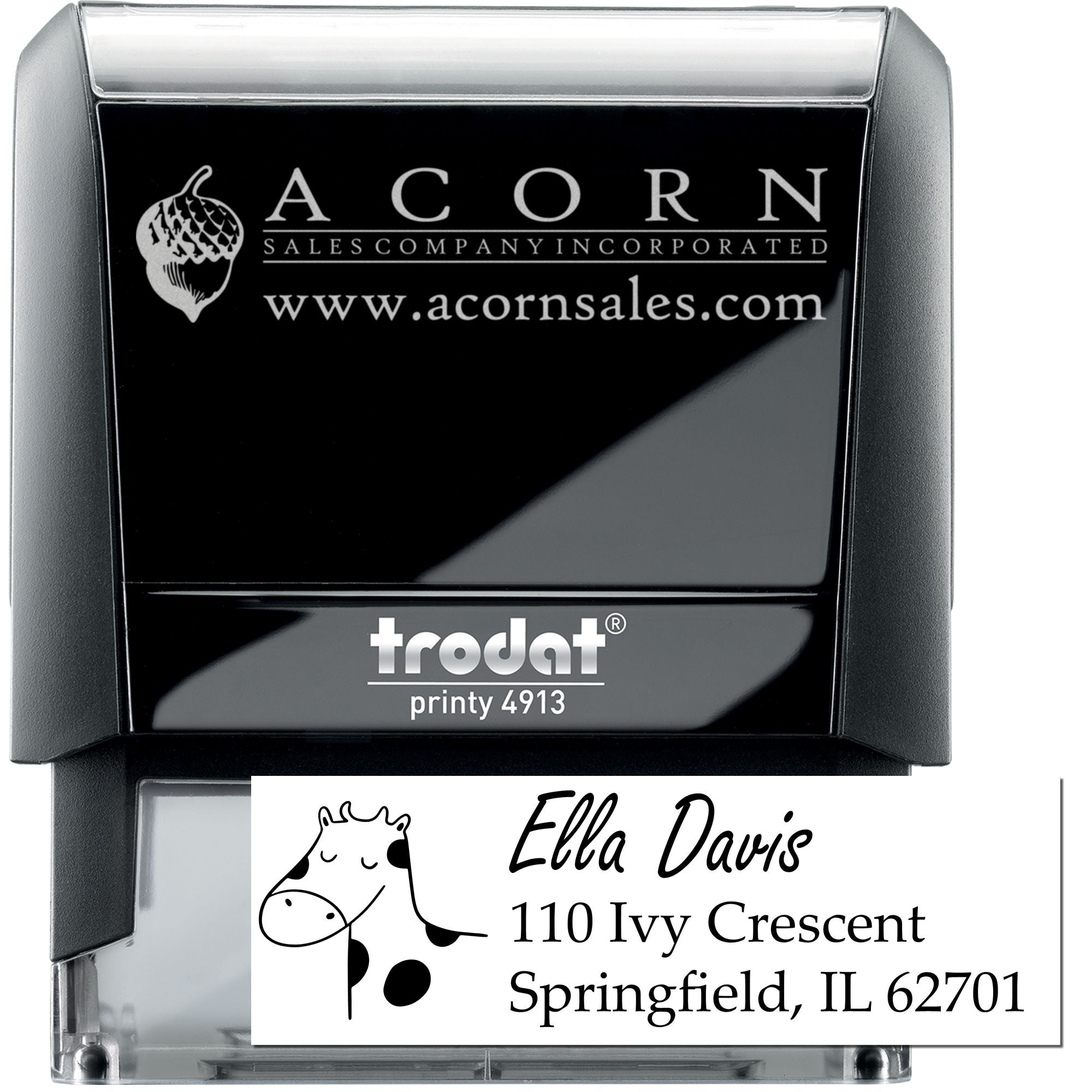 Custom self-inking rubber stamp with business logo and personalized address imprint for branding and mailing.
