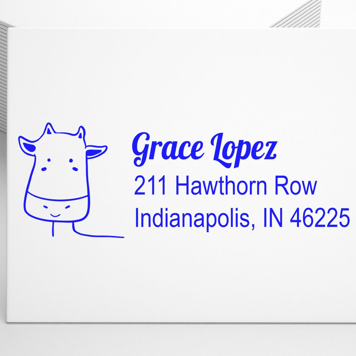 Personalized rubber stamp with giraffe design, Grace Lopez name, and Indianapolis address for mailing envelopes.