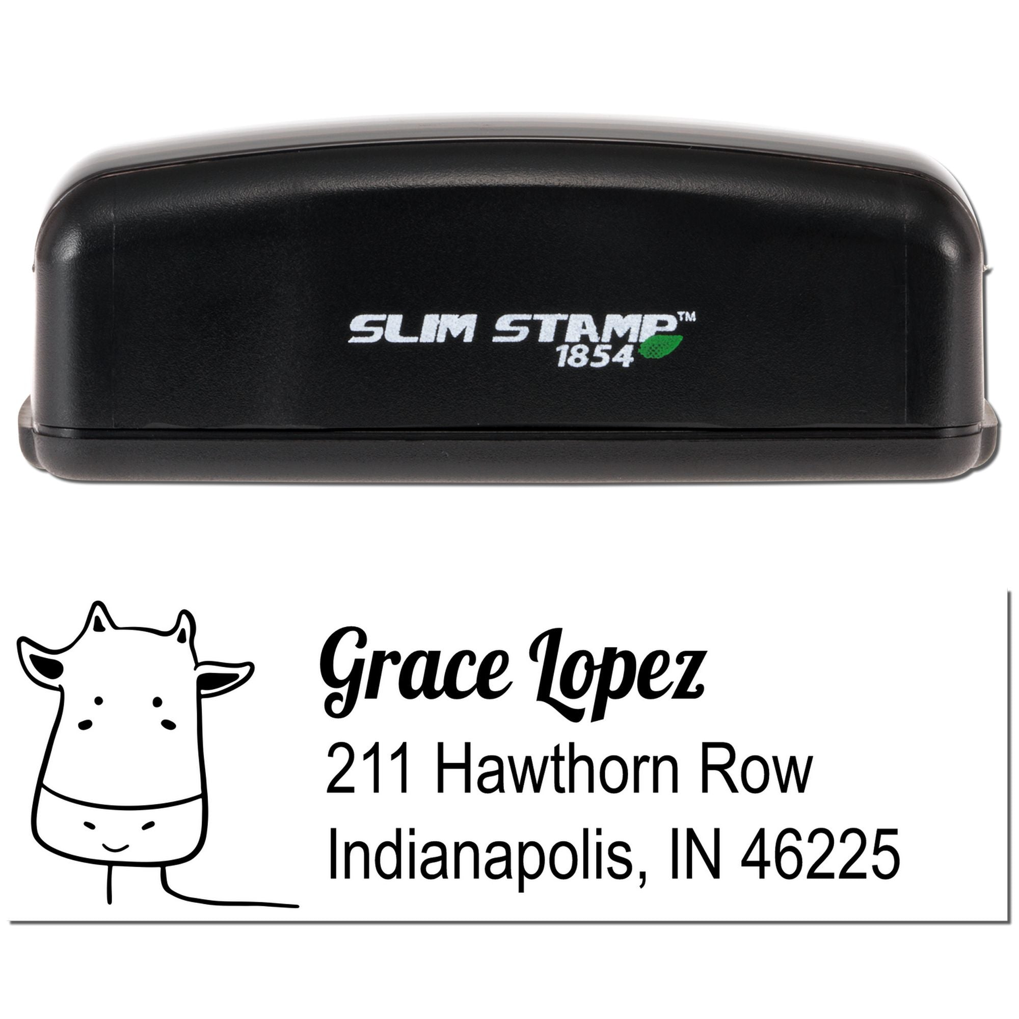 Custom giraffe address rubber stamp sample with Slim Stamp 1854 self-inking stamp, Grace Lopez, Indianapolis, IN 46225.