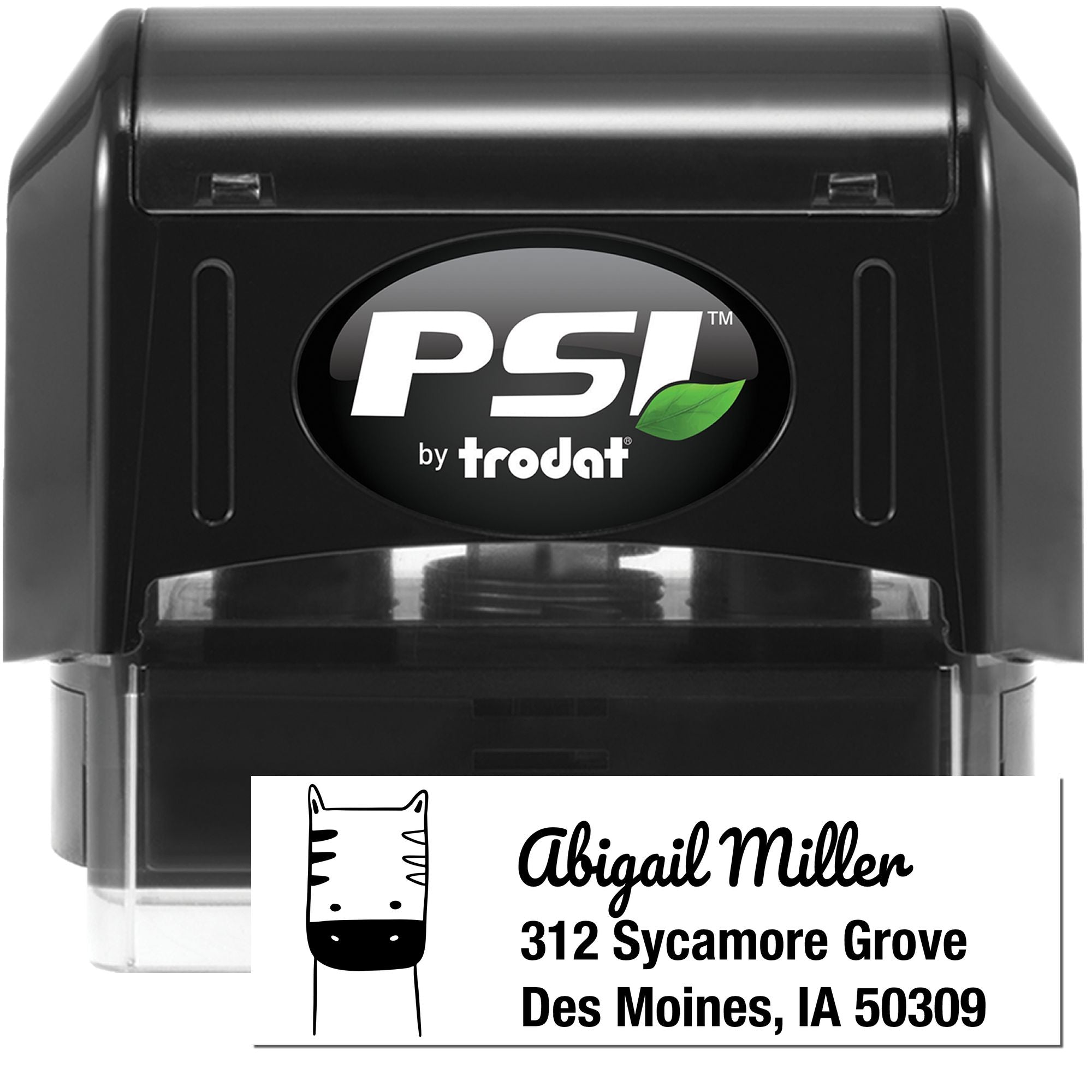 Custom self-inking rubber address stamp by PSI Trodat with cat design, for Abigail Miller, Des Moines, IA 50309
