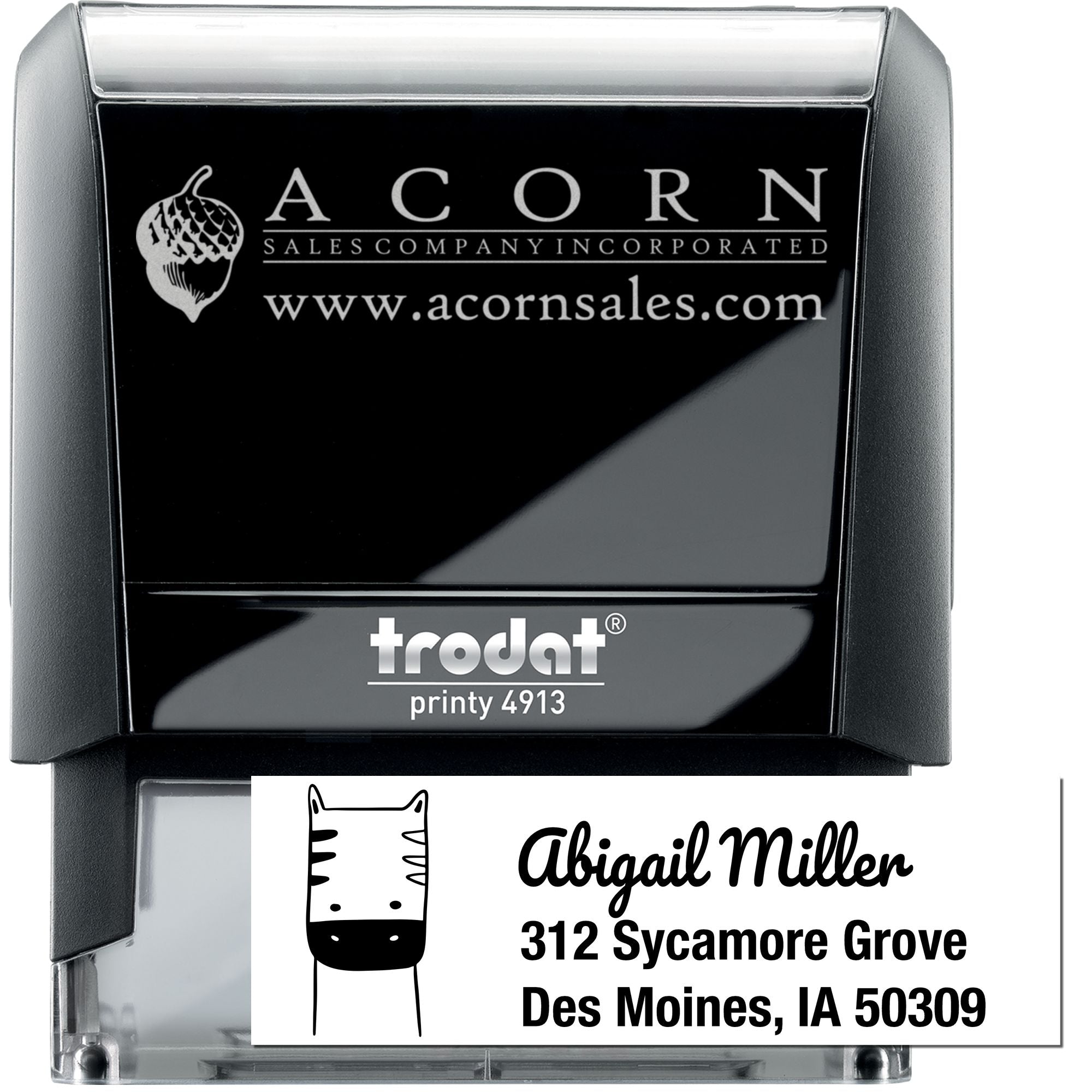 Custom self-inking address rubber stamp, Trodat Printy 4913, with Acorn Sales logo and personalized name imprint.