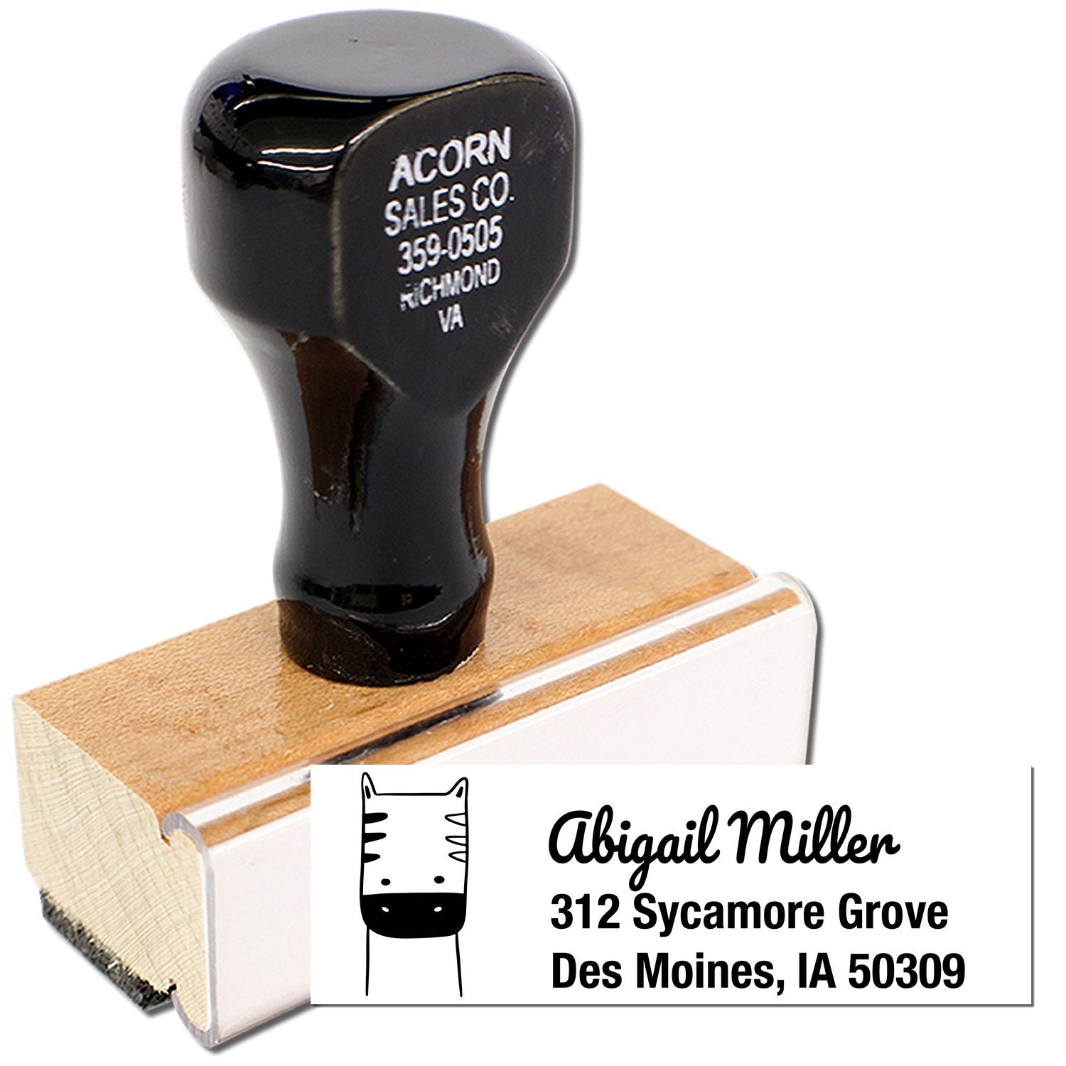 Custom rubber address stamp with logo, name and mailing address for personalized business or return-address imprinting.