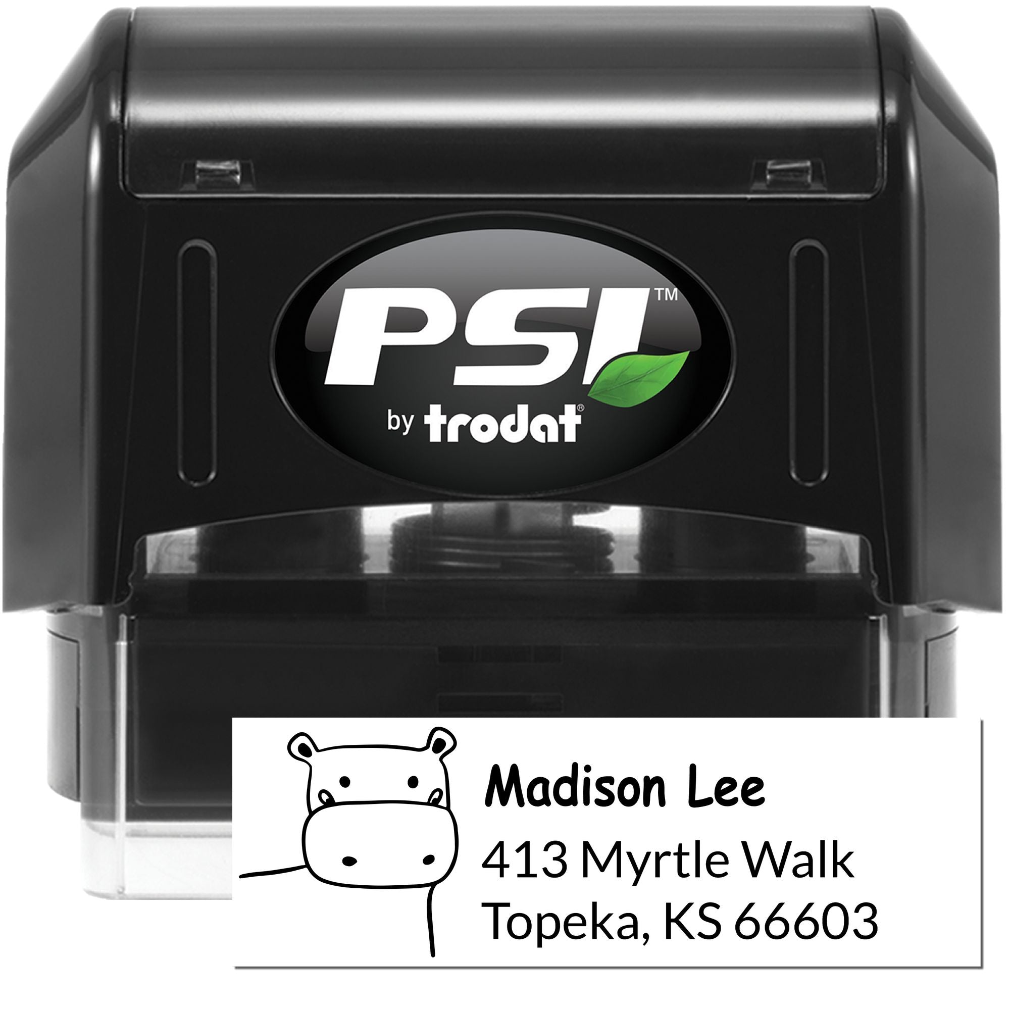 Custom self-inking rubber address stamp by PSI Trodat featuring hippo design for Madison Lee, Topeka, KS.