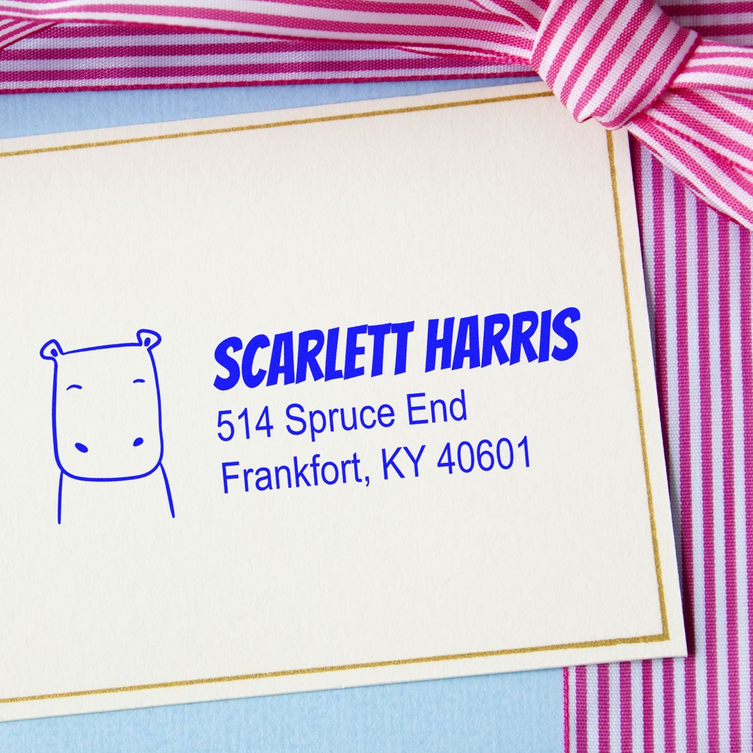 Custom address rubber stamp with hippo logo for stationery, showing Scarlett Harris name and Frankfort, KY mailing details.