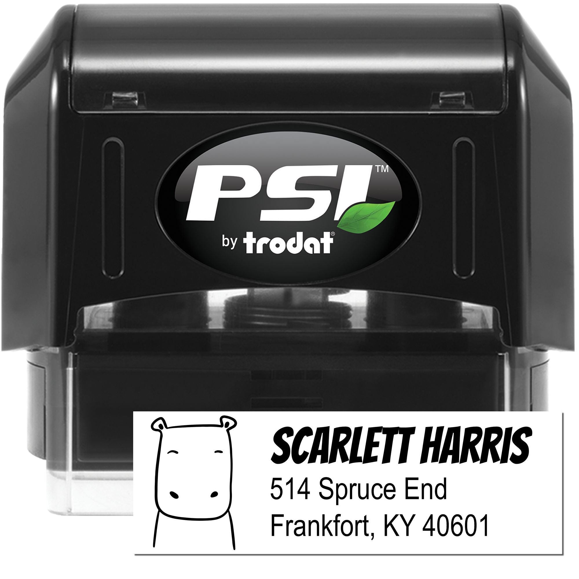 PSI by Trodat self-inking address rubber stamp with custom name and address for Scarlett Harris, Frankfort, KY 40601.