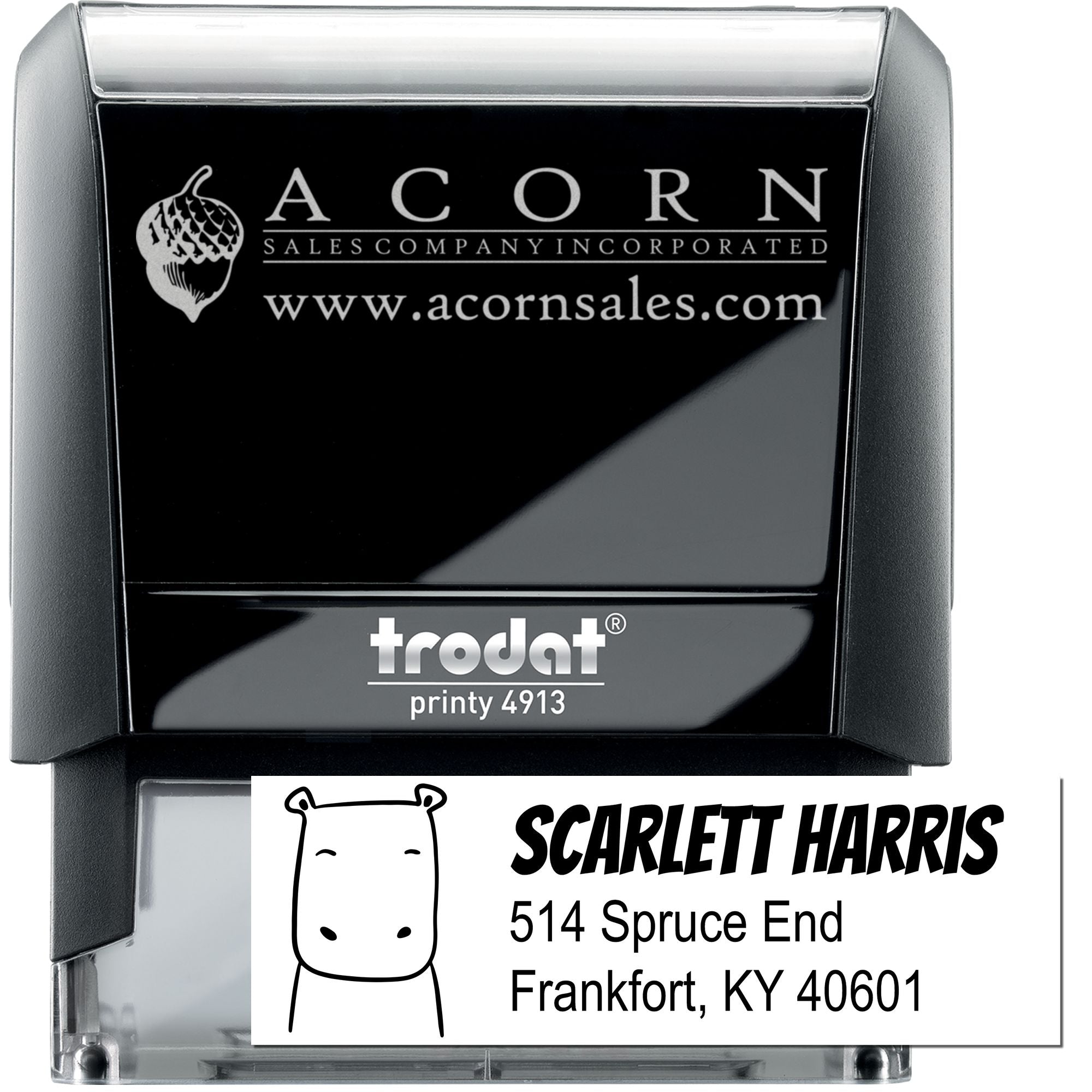 Trodat Printy 4913 self-inking custom rubber stamp with business logo and address imprint for mailing and branding.