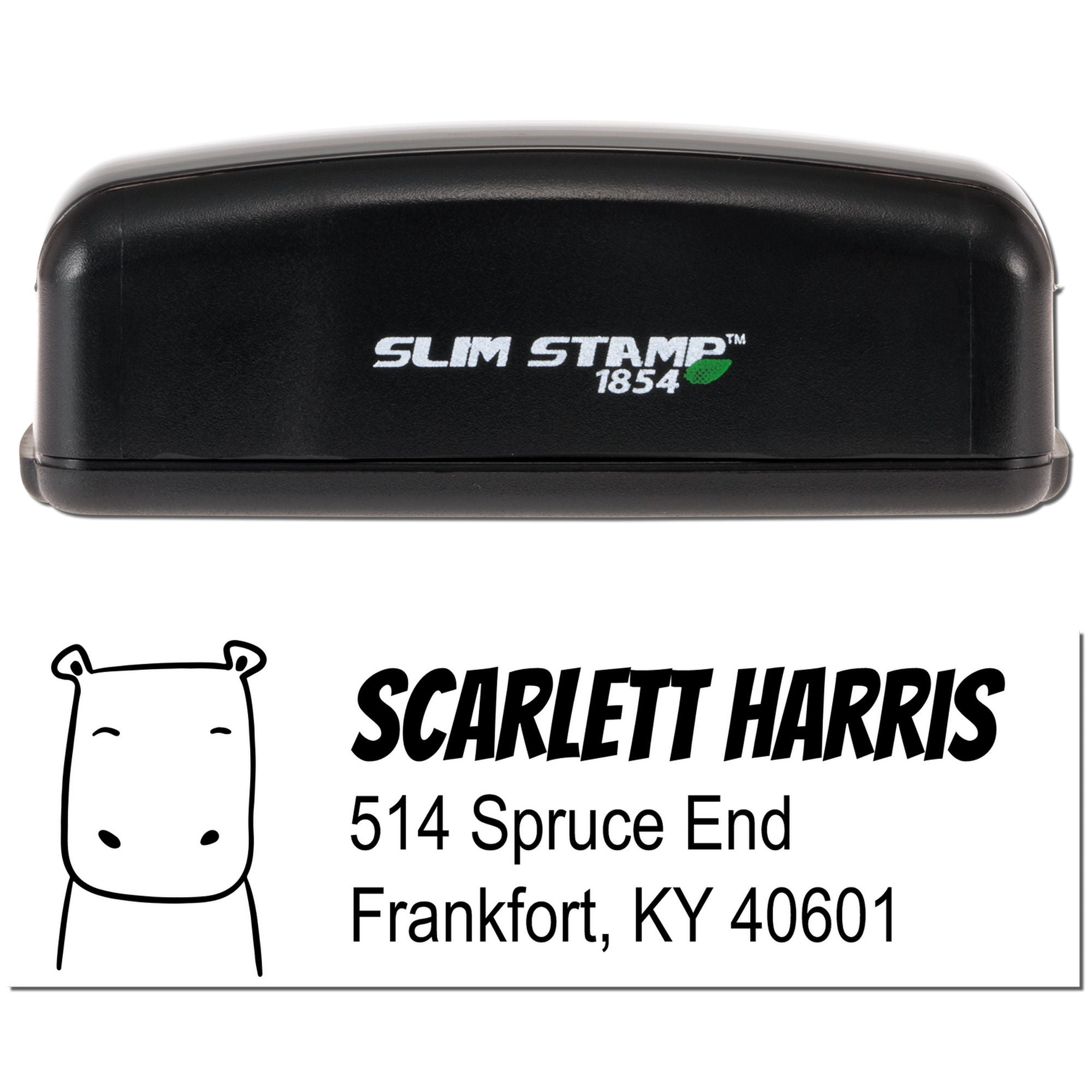 Custom address rubber stamp for Scarlett Harris, 514 Spruce End, Frankfort, KY 40601 with bear logo