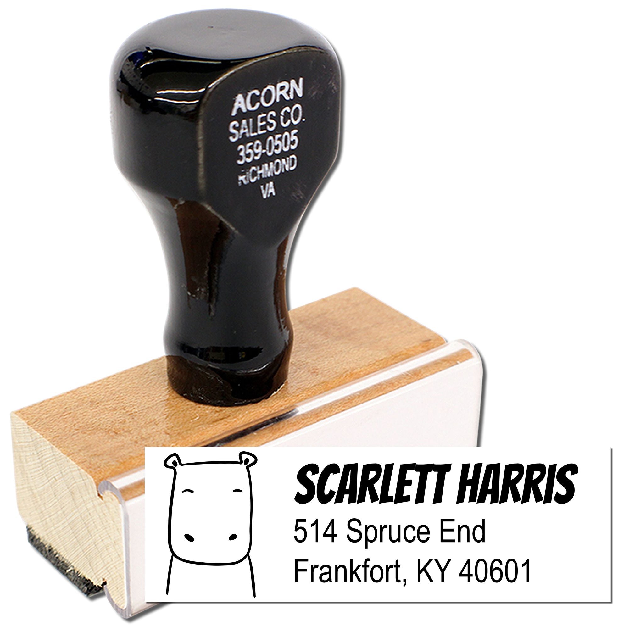 Personalized rubber address stamp with bear logo for Scarlett Harris, Frankfort KY custom return stamp.
