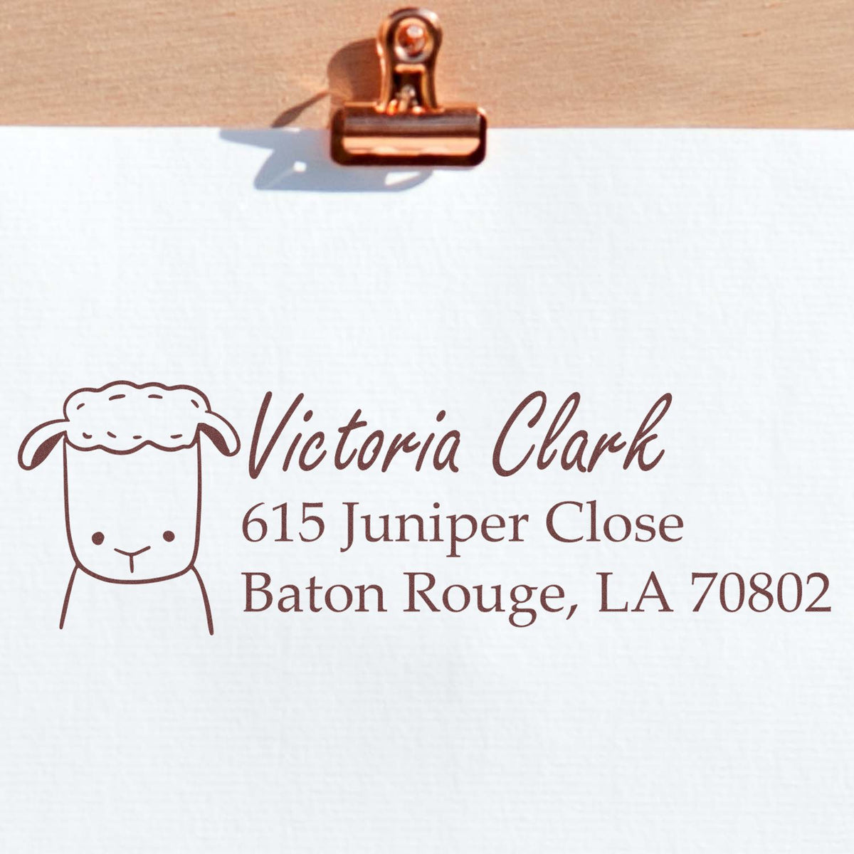 Custom sheep return address rubber stamp for Victoria Clark, 615 Juniper Close, Baton Rouge, LA 70802