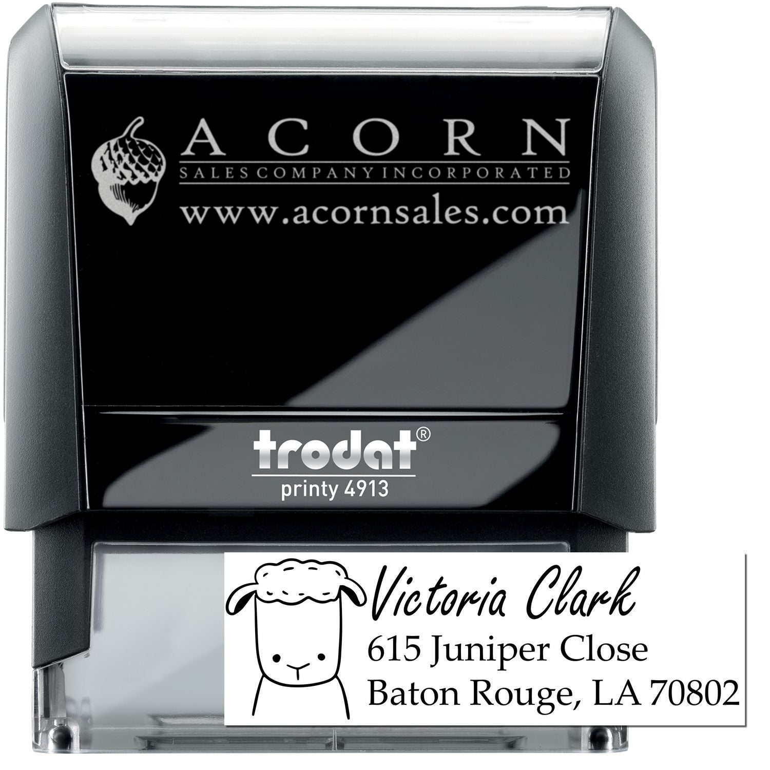 Trodat Printy 4913 custom self-inking rubber stamp with business logo and address for professional mailing and branding.