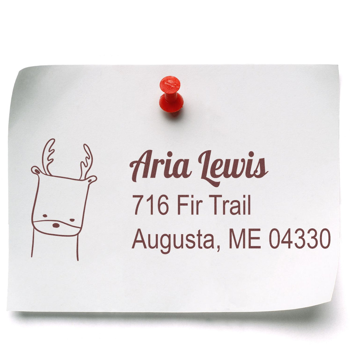 Custom return address rubber stamp with reindeer design for Aria Lewis, 716 Fir Trail, Augusta, ME 04330.