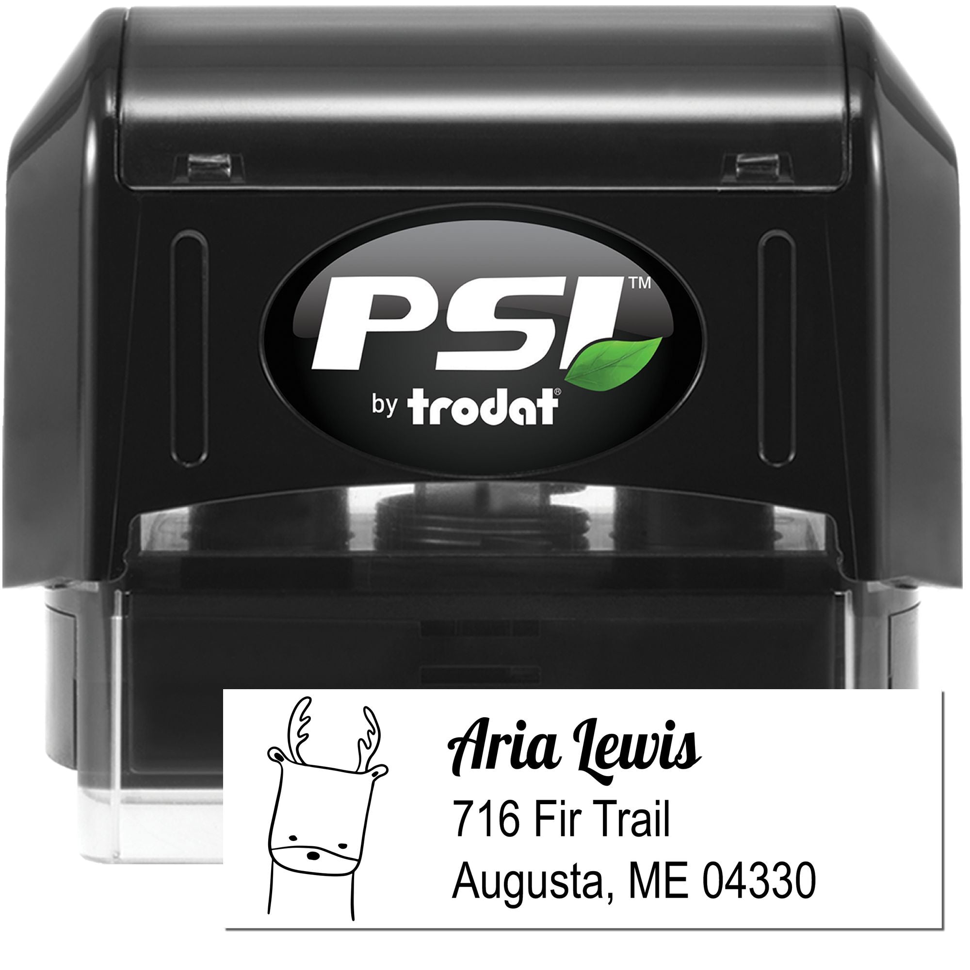 PSI by Trodat self-inking custom address rubber stamp with deer logo, Aria Lewis, 716 Fir Trail, Augusta, ME 04330