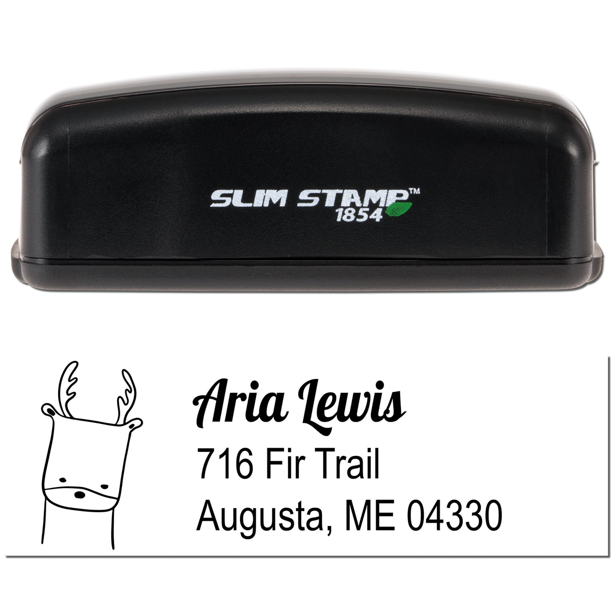 Custom self-inking rubber address stamp with deer design, shown with Slim Stamp 1854 compact stamp case for return addresses.