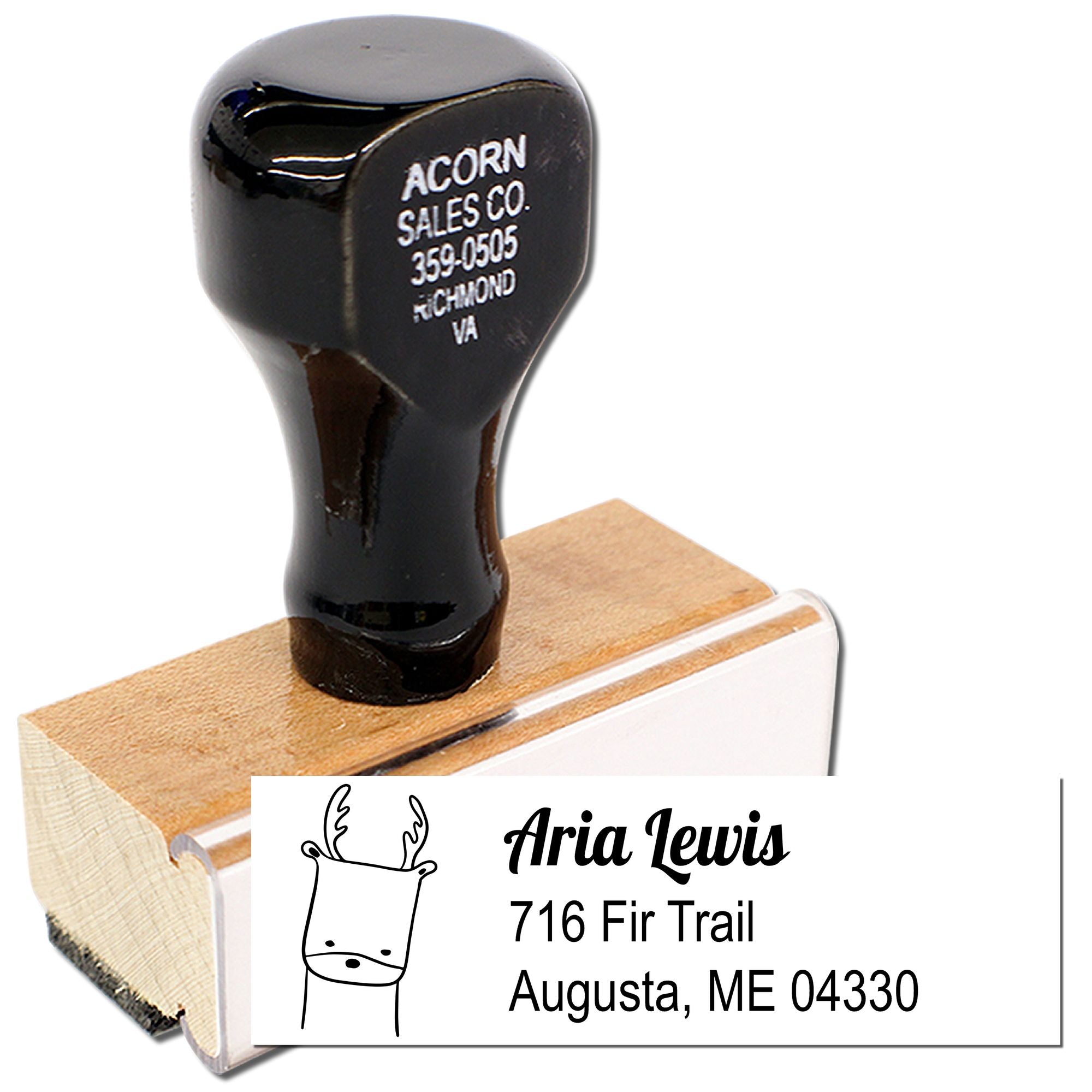 Custom return address rubber stamp with deer logo, name, and mailing address for personalized stationery.