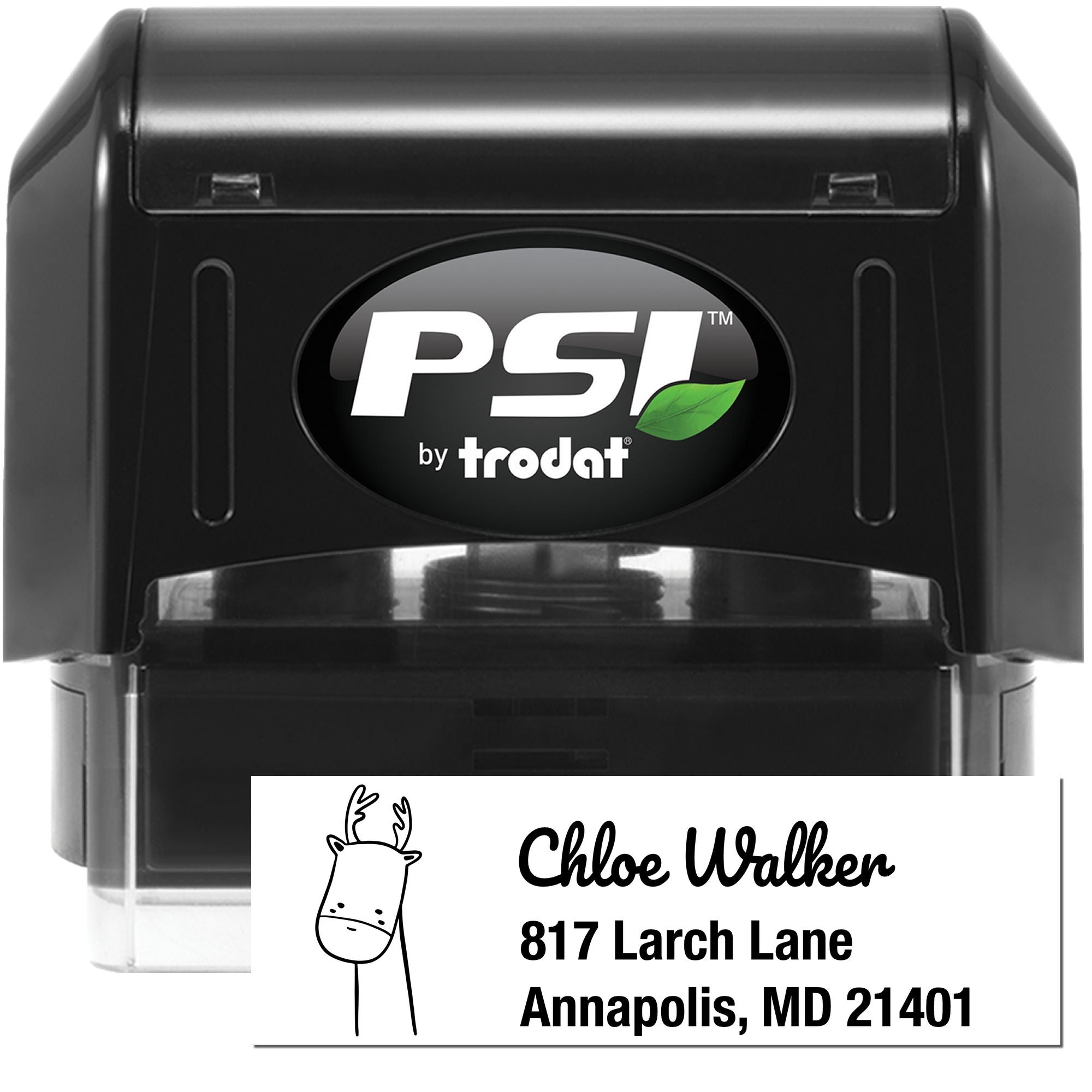 PSI by Trodat self-inking rubber stamp for custom address and name imprint, shown with sample recipient details.