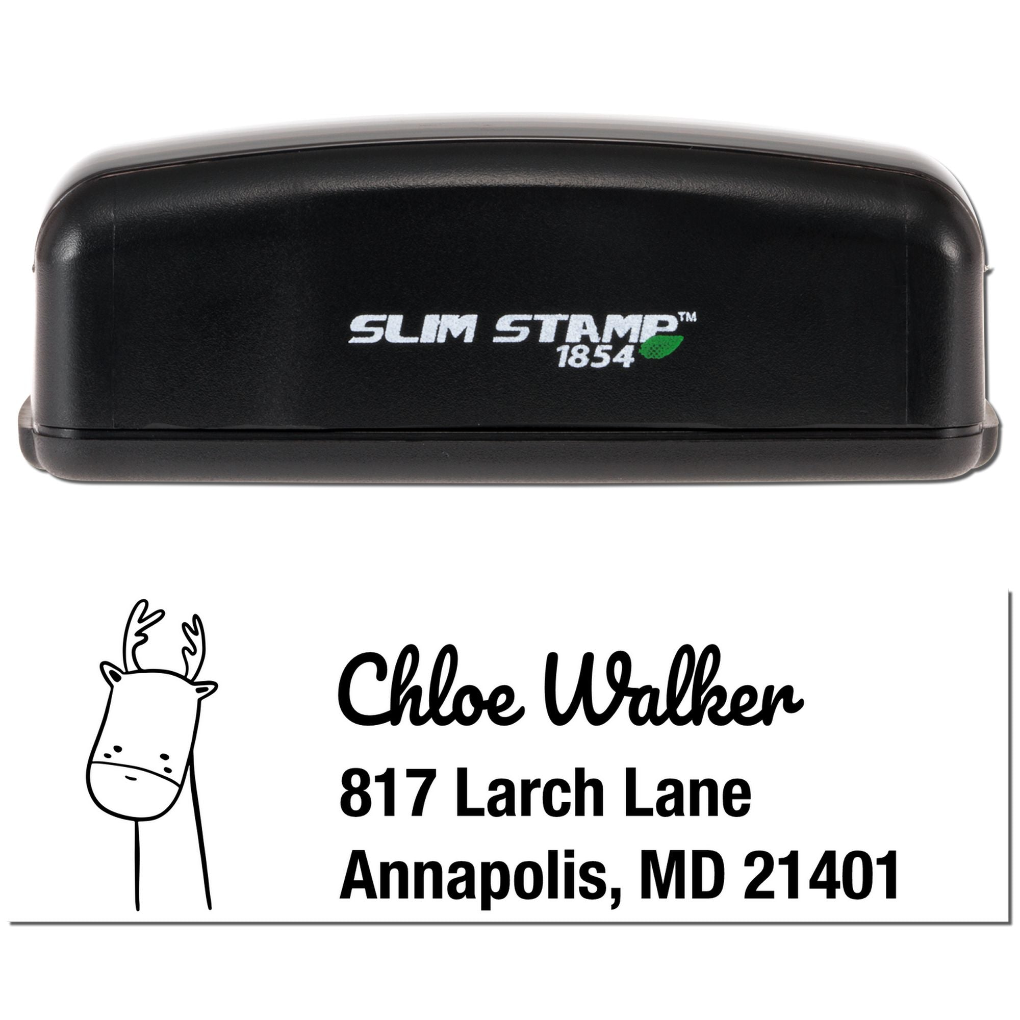 Slim Stamp 1854 custom rubber stamp with deer icon and return address for Chloe Walker, Annapolis, MD 21401.
