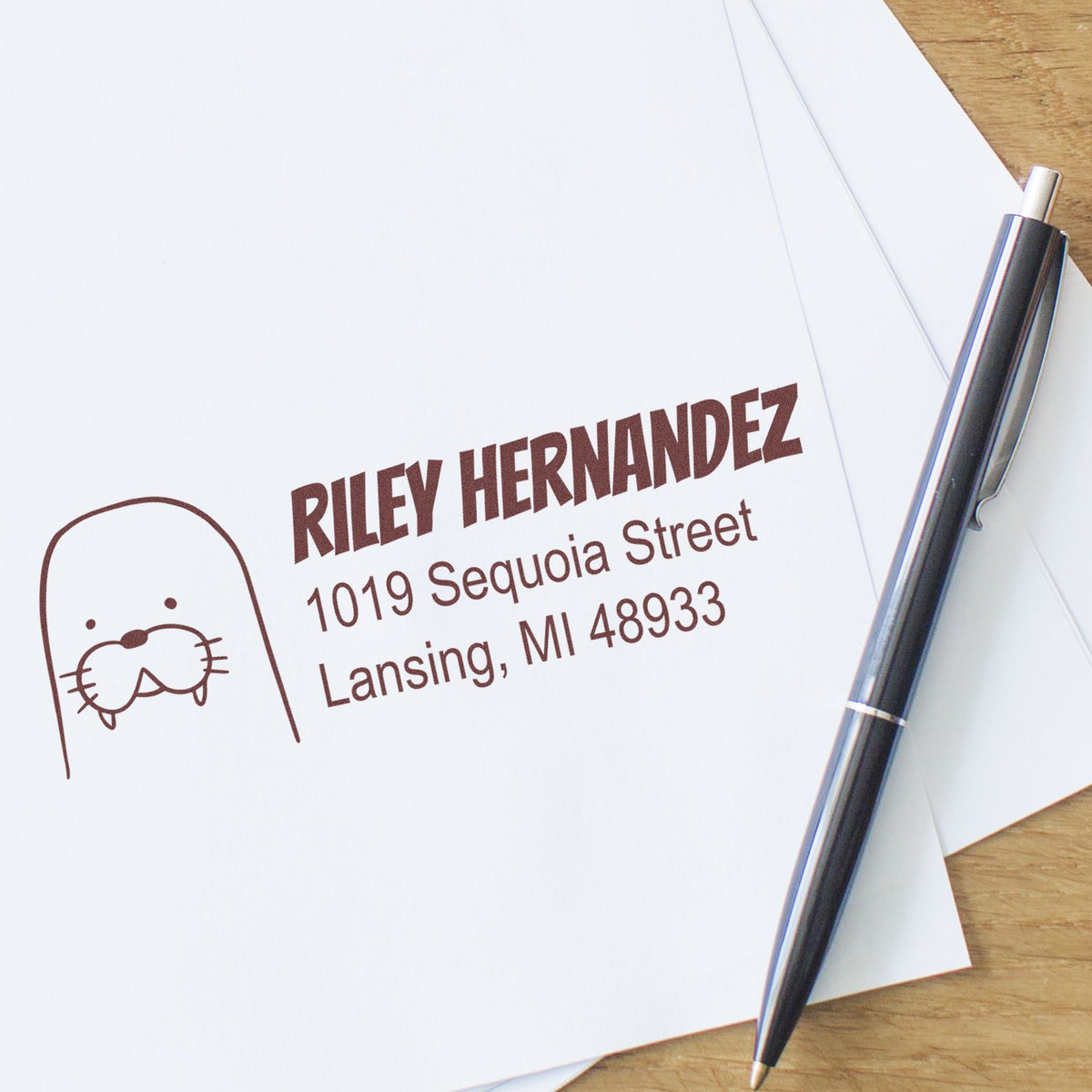 Custom return address rubber stamp with cat icon, showing Riley Hernandez name and Lansing, MI address on stationery.
