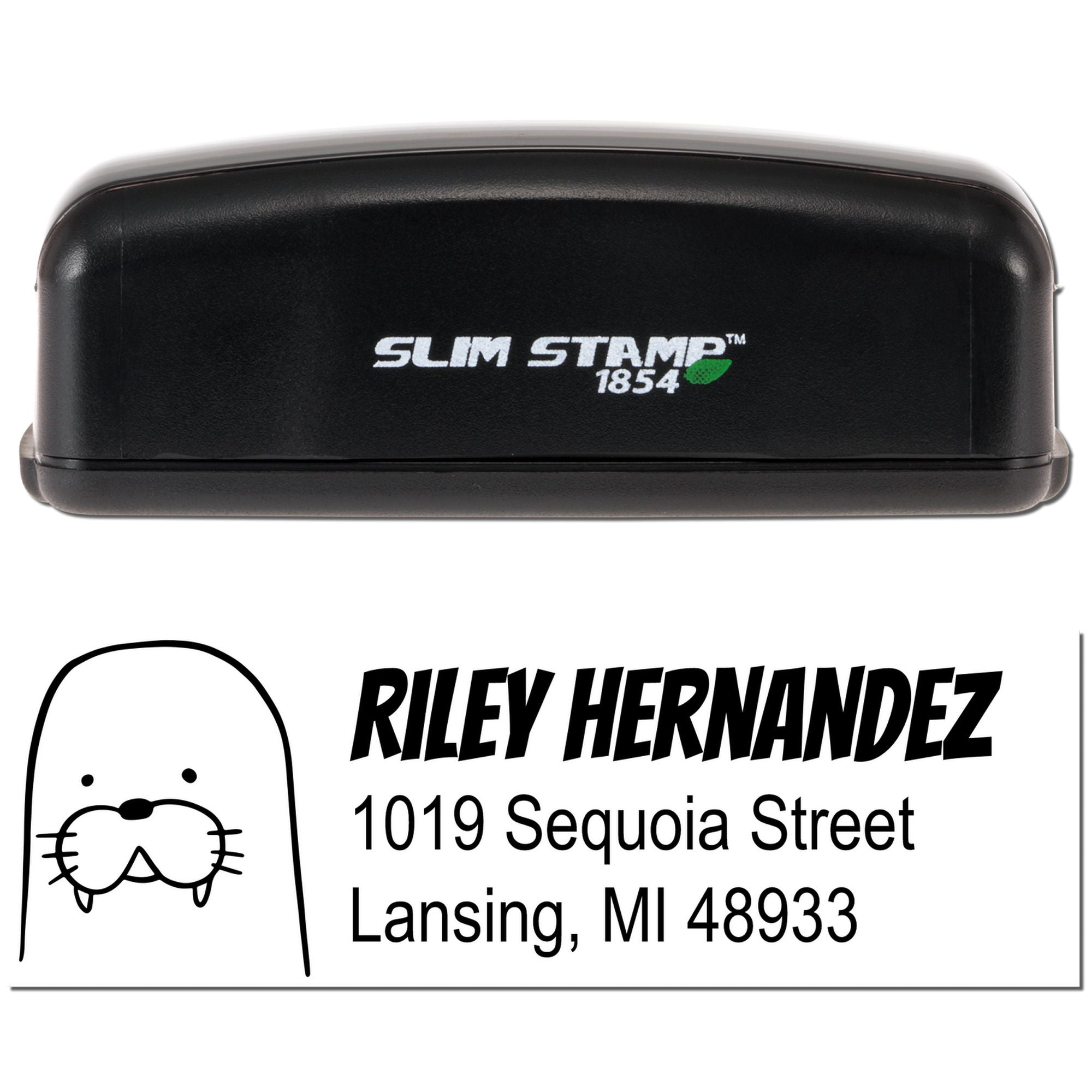 Personalized self-inking rubber address stamp with name, Lansing address, and cat icon for mailing and packaging.