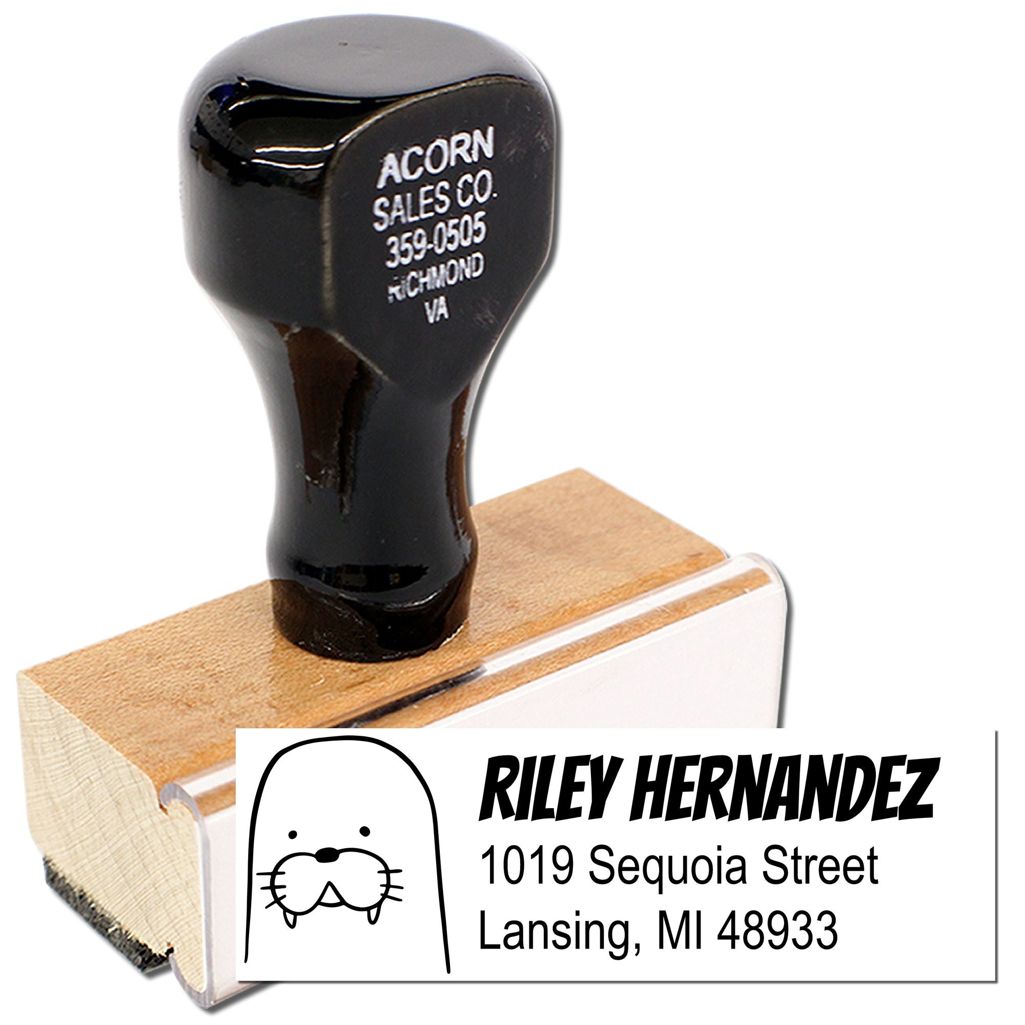 Wooden handle rubber address stamp with custom name, dog icon, and mailing address for personalized return labeling.