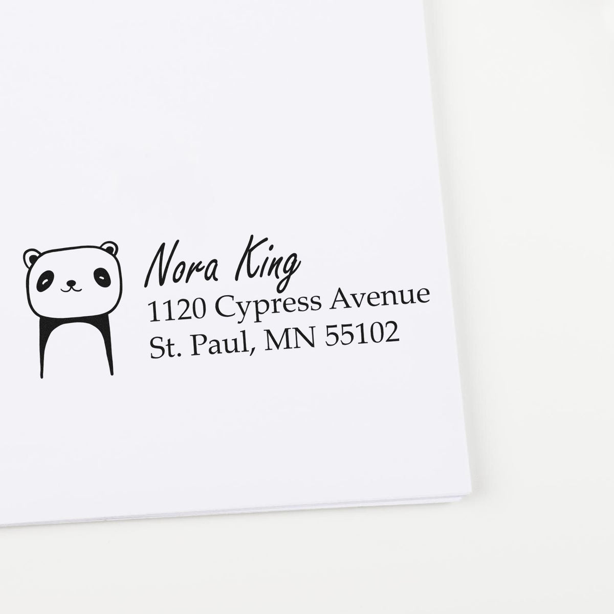 Panda address rubber stamp with name and mailing address for personalized stationery and envelopes.