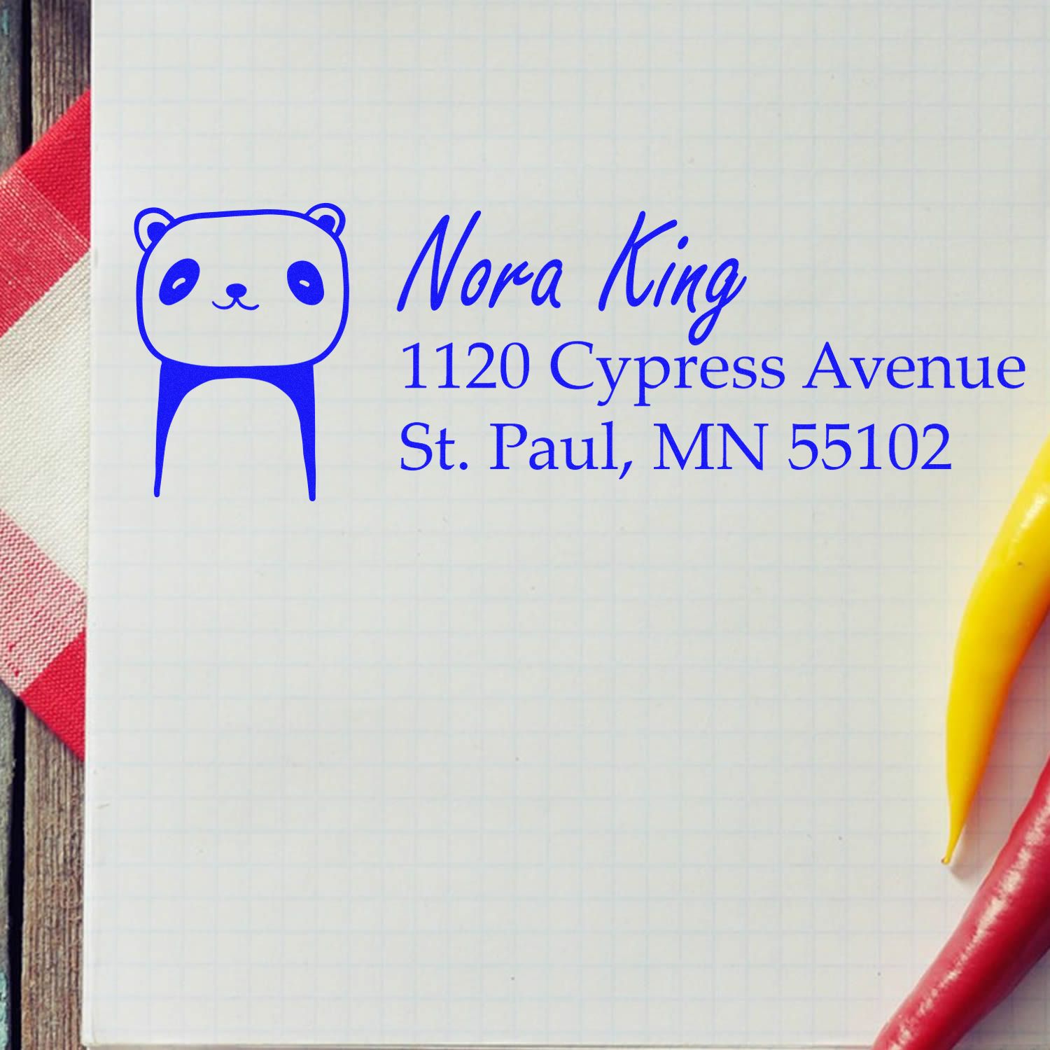 Custom panda address rubber stamp for Nora King, 1120 Cypress Avenue, St. Paul, MN 55102