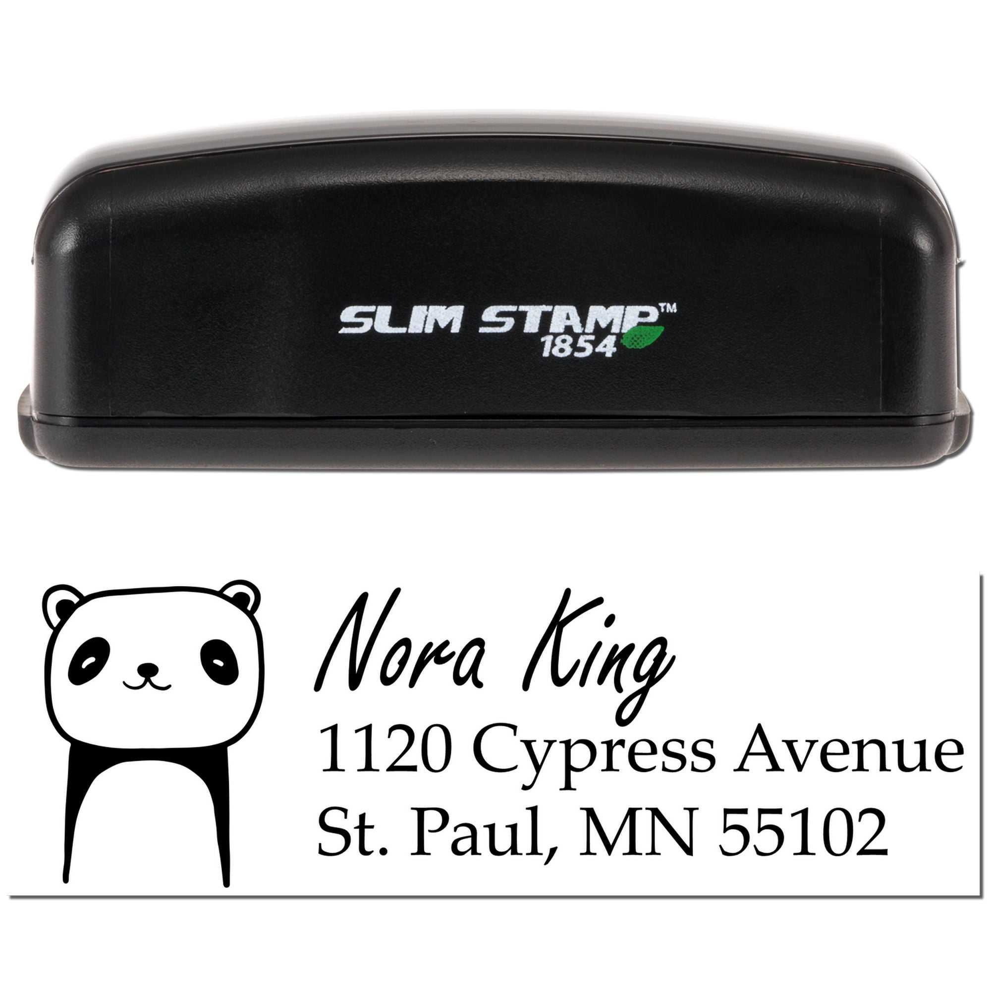 Custom panda return address rubber stamp for Nora King, 1120 Cypress Avenue, St. Paul, MN 55102, with Slim Stamp 1854 self-inking case.