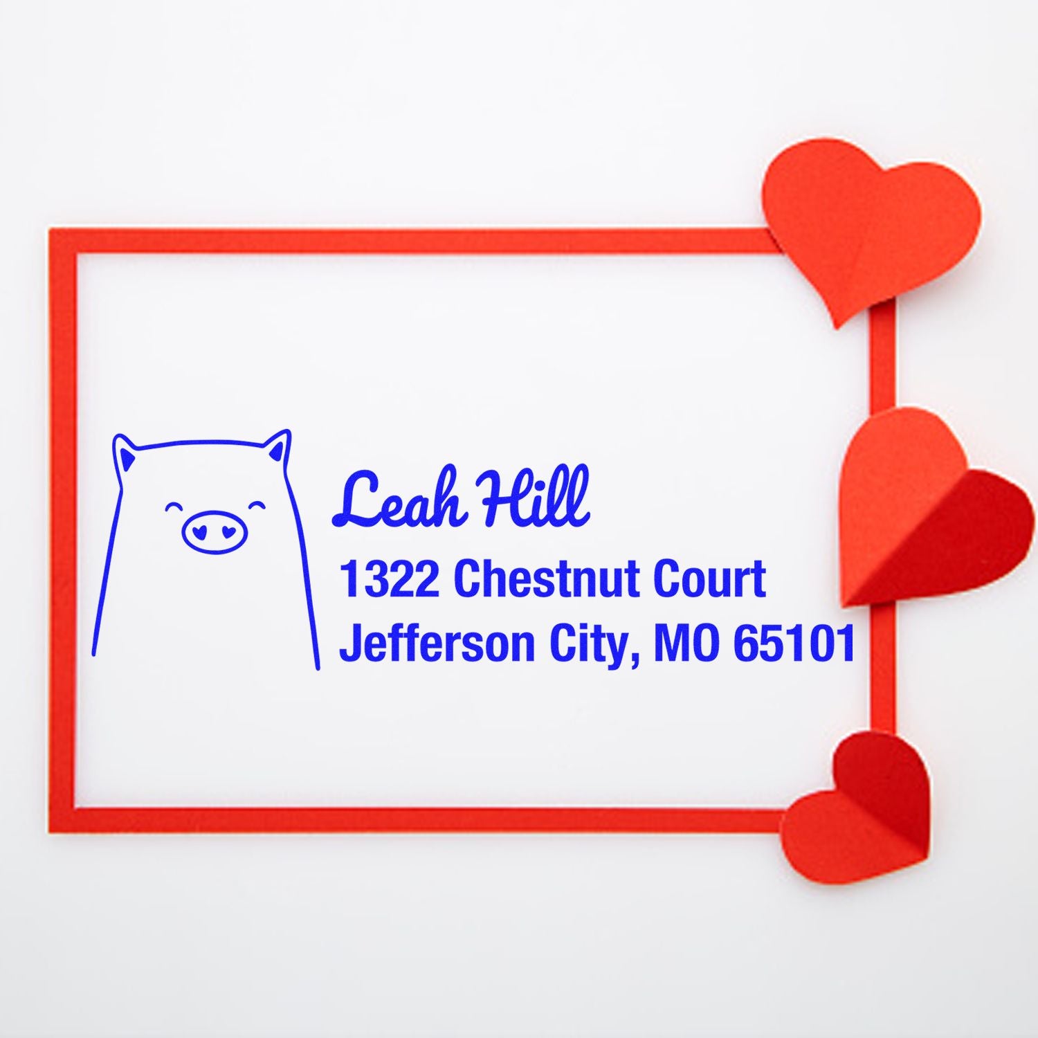 Personalized return address rubber stamp with pig icon and heart border for Valentine's mail, Leah Hill, Jefferson City, MO 65101