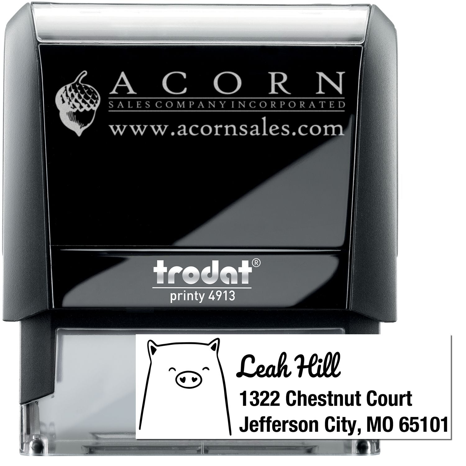 Custom self-inking rubber stamp, Trodat Printy 4913, showing business logo and address imprint for branding and mailing.