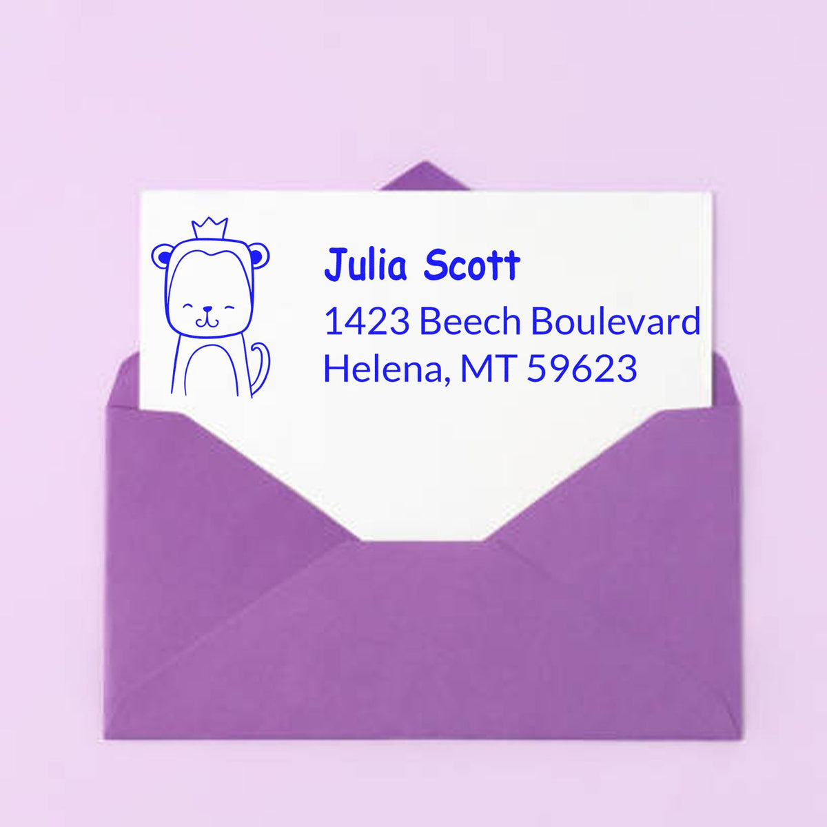 Personalized return address rubber stamp with cute bear design for Julia Scott, Helena, MT 59623