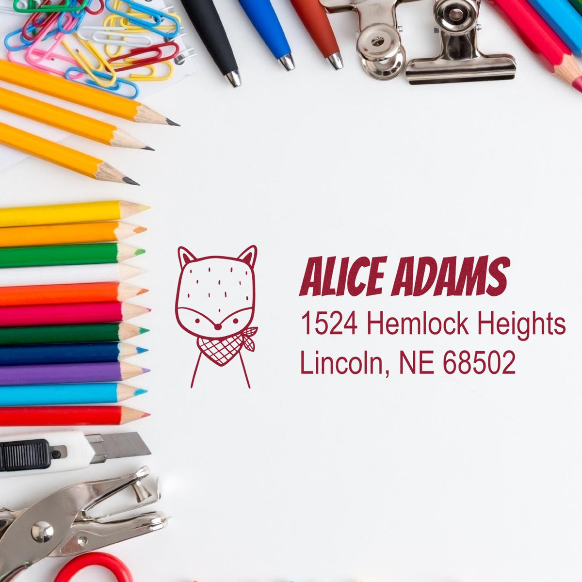Personalized return address rubber stamp for Alice Adams, featuring a fox logo and Lincoln, NE address on stationery.