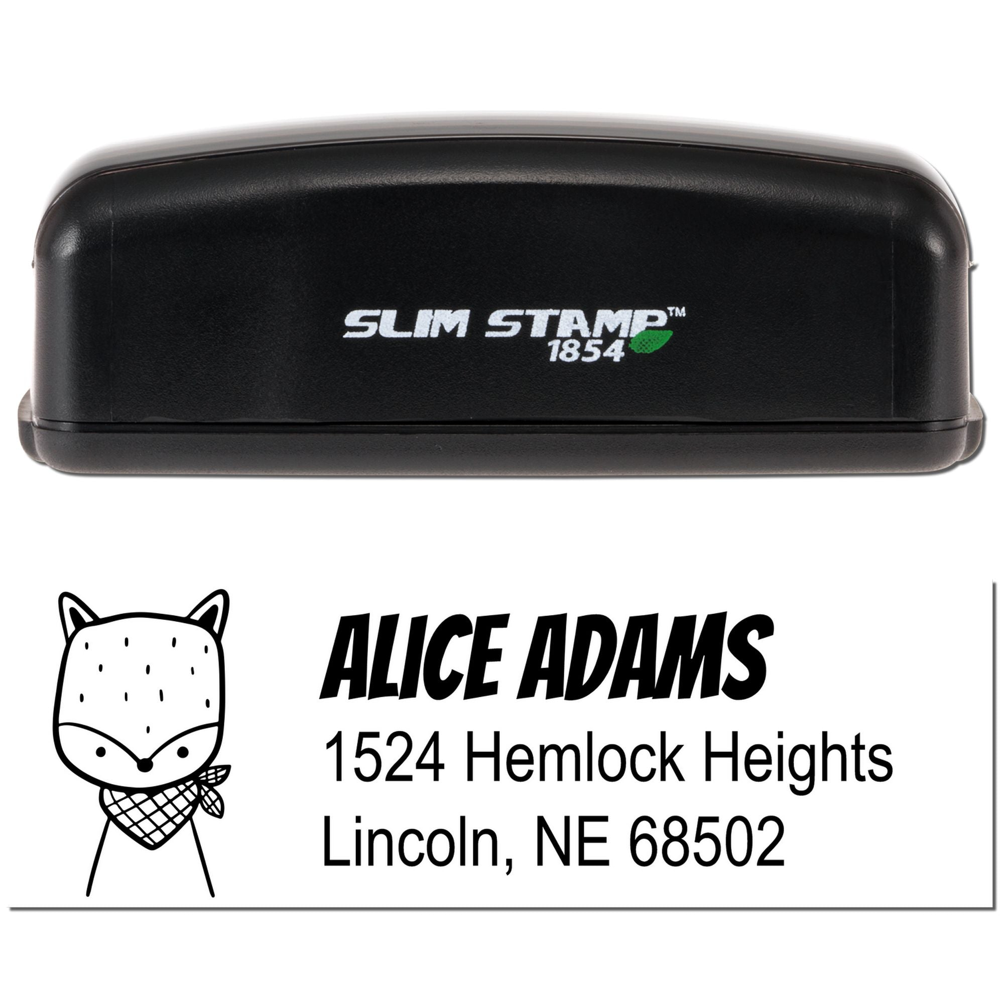 Custom Slim Stamp 1854 self-inking rubber stamp with fox logo and Alice Adams address imprint for mailing labels.