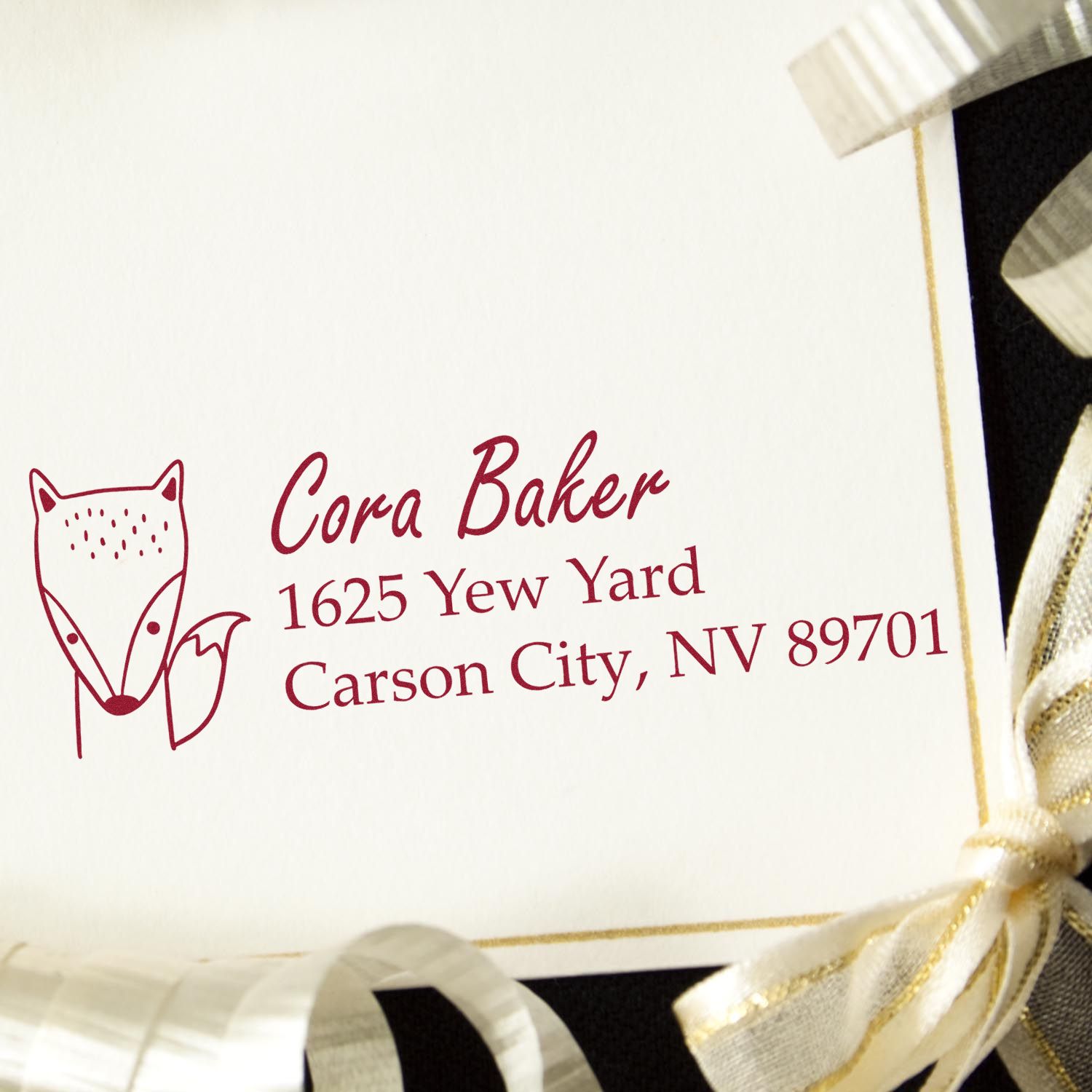 Custom return address rubber stamp with fox design for Cora Baker, Carson City, NV wedding invitations and stationery.