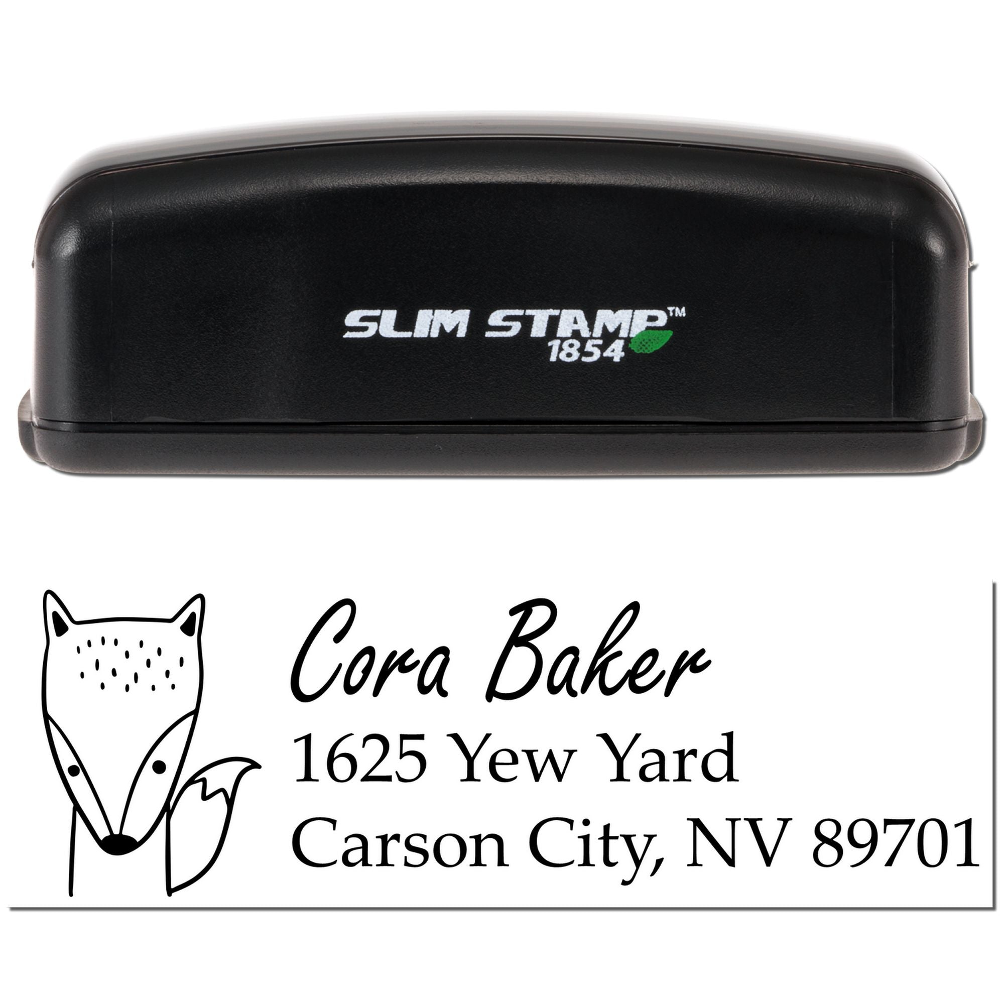 Custom address rubber stamp, Slim Stamp 1854, with fox logo for Cora Baker, 1625 Yew Yard, Carson City, NV 89701