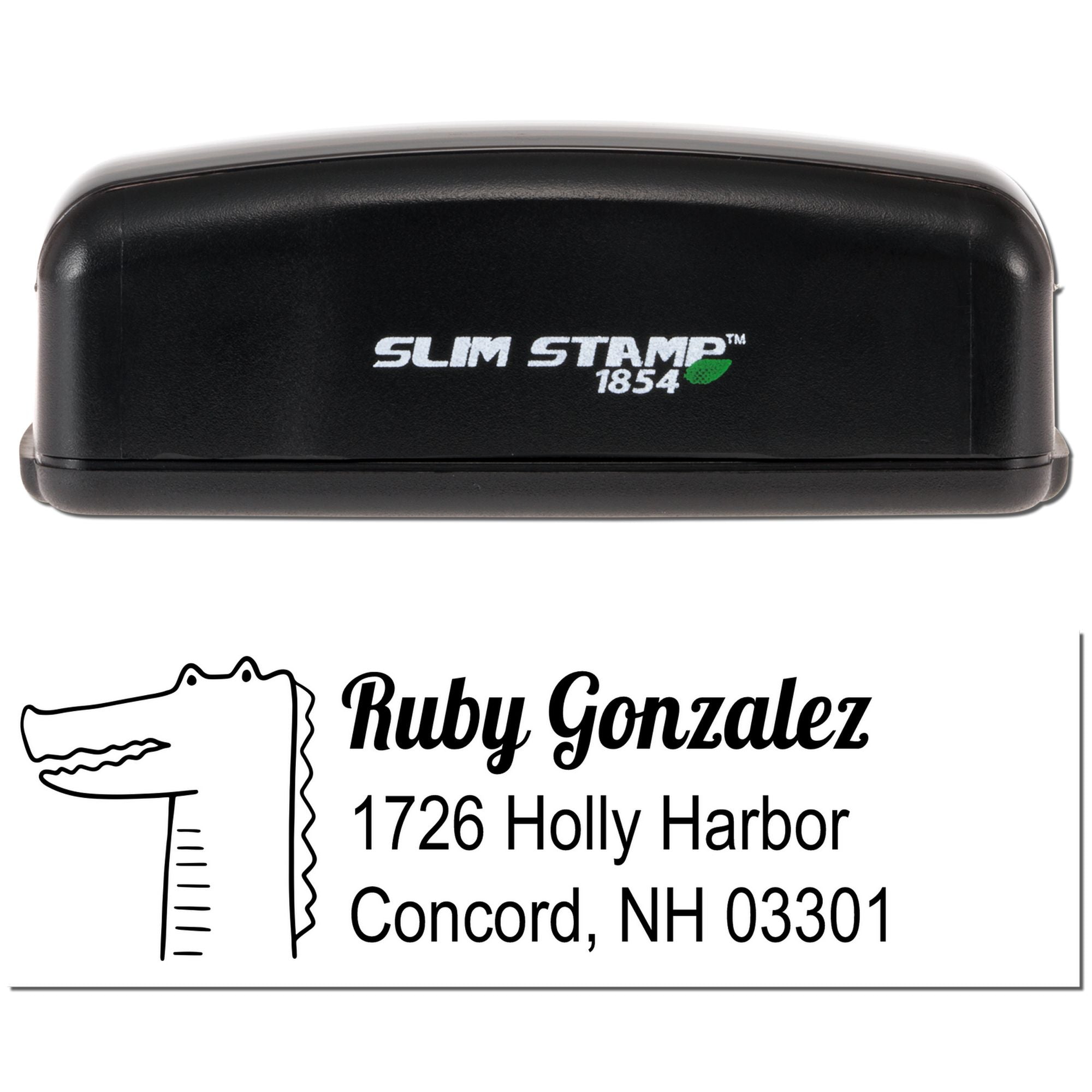 Custom address rubber stamp with Slim Stamp 1854 for Ruby Gonzalez, Concord, NH 03301 and alligator logo.