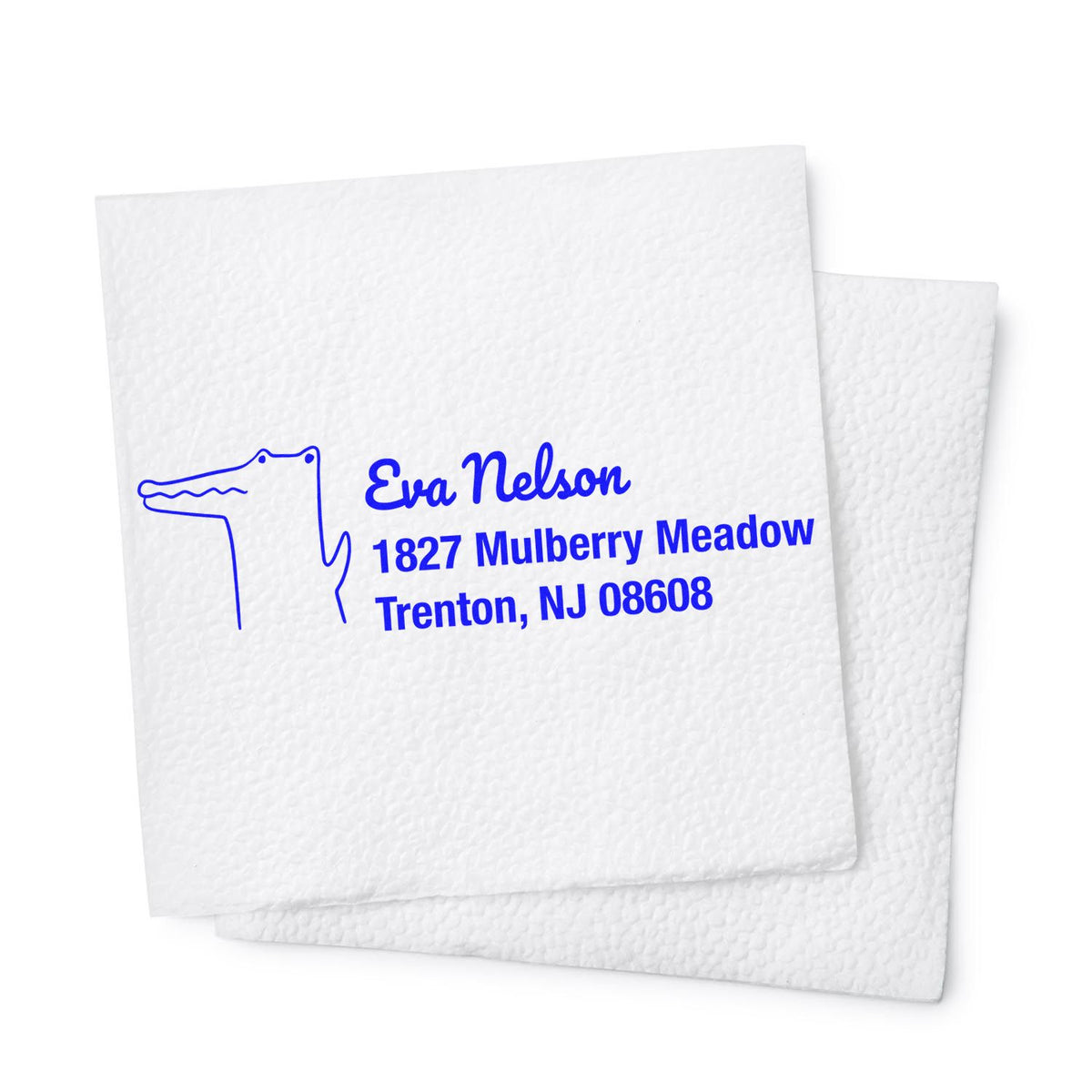 Personalized rubber address stamp impression with alligator logo, Eva Nelson name, and Trenton, NJ address on textured paper.